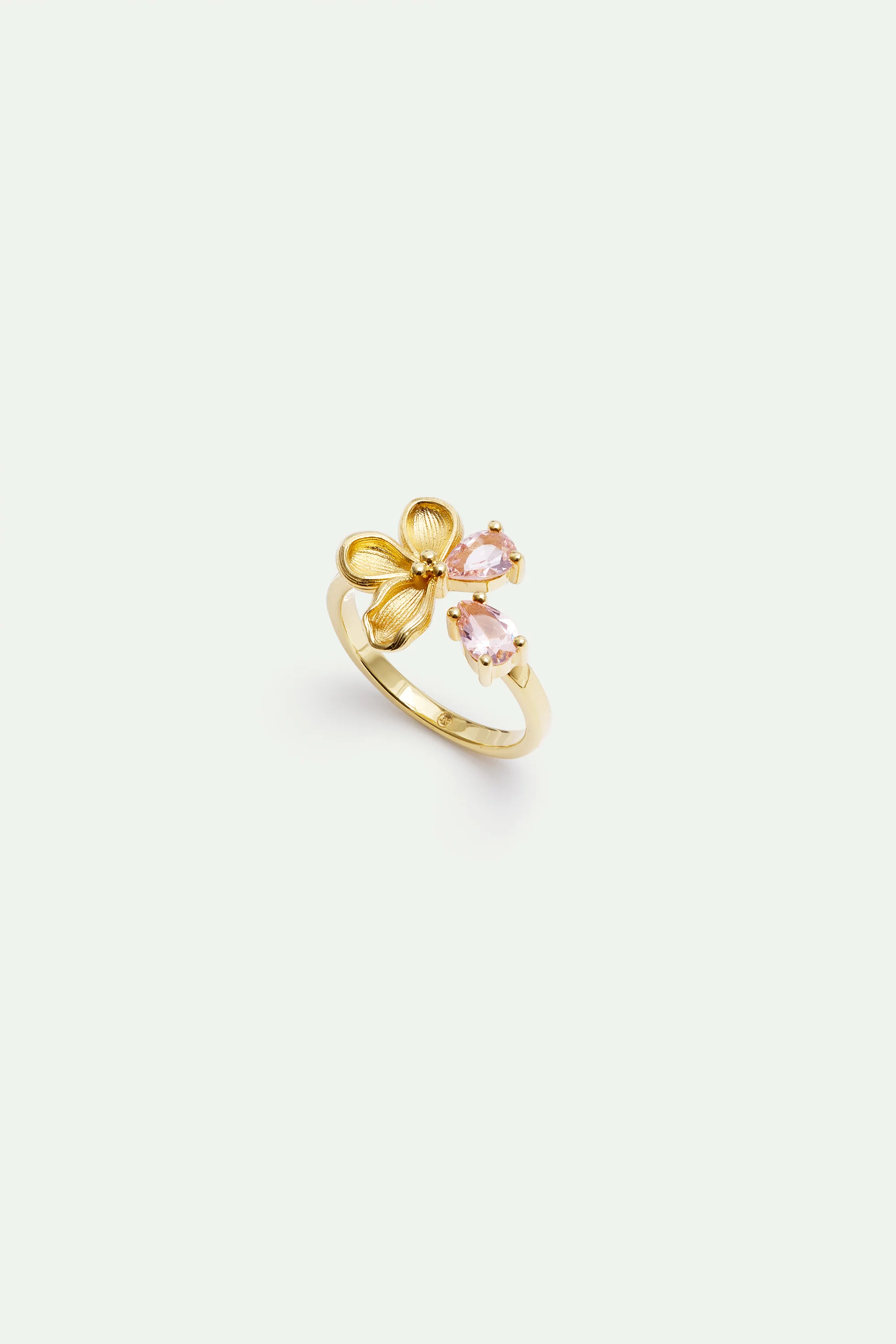 Adjustable Gold Ring with Cherry Blossom and Pink Stones