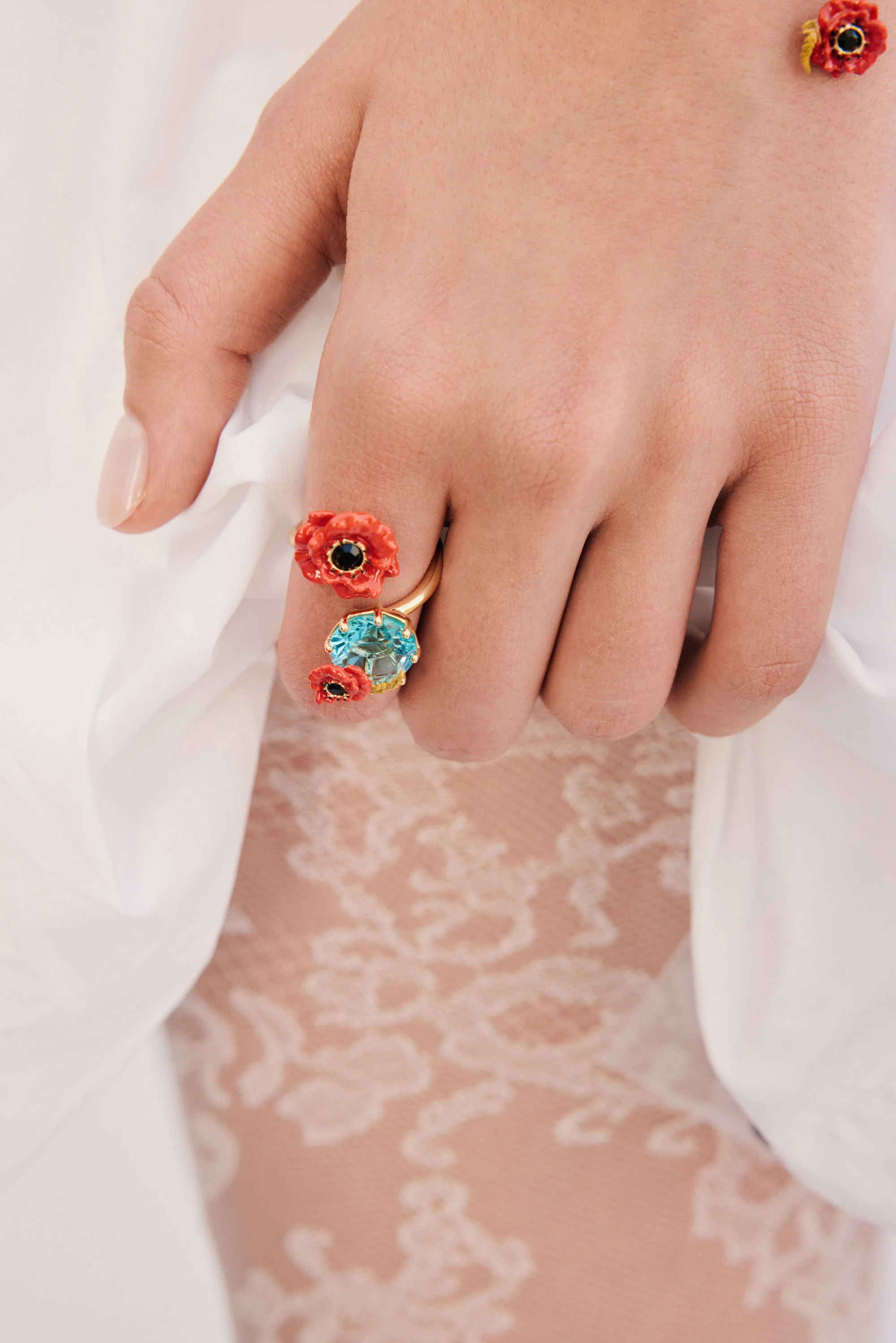Adjustable Ring with Round Blue Stone and Poppies - Image 3