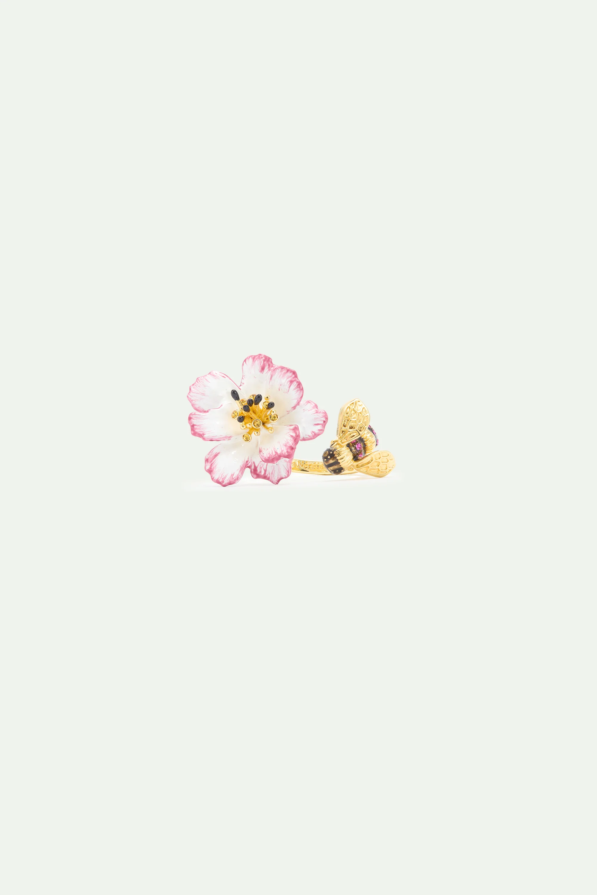 Adjustable Ring with White and Pink Cosmos Flower and Gold Bee - Image 2