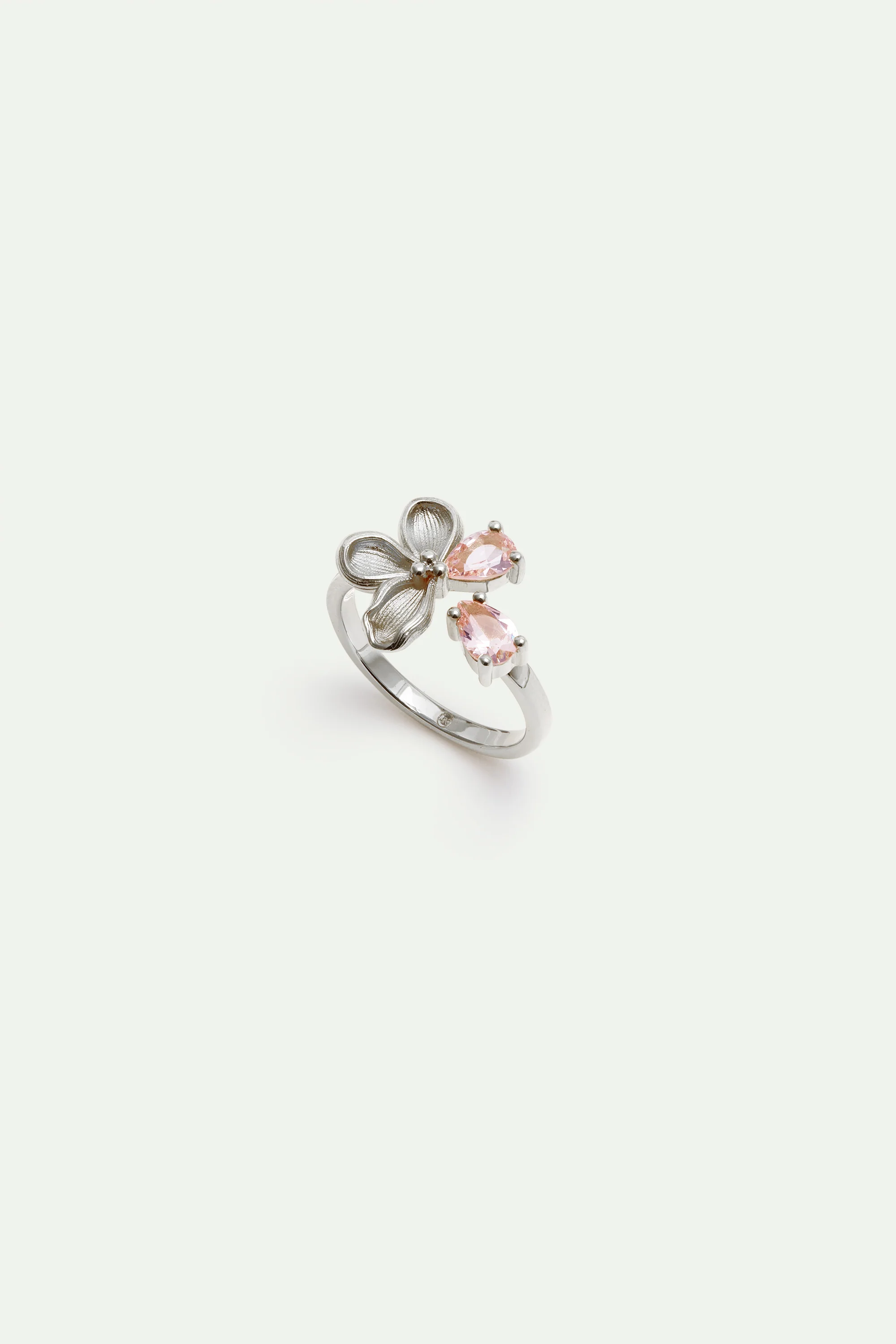 Adjustable Silver Ring with Cherry Blossom and Pink Stones