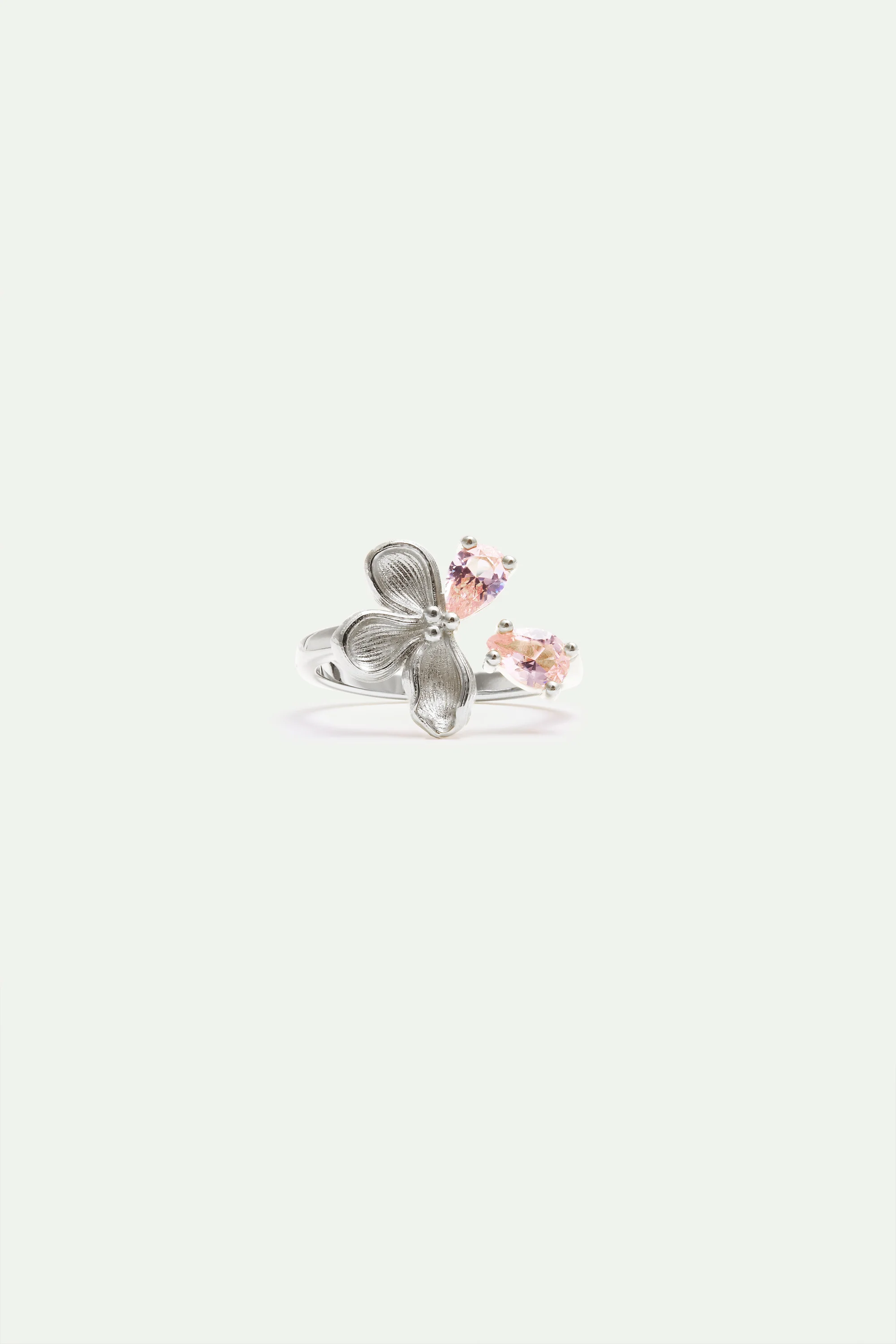 Adjustable Silver Ring with Cherry Blossom and Pink Stones - Image 2