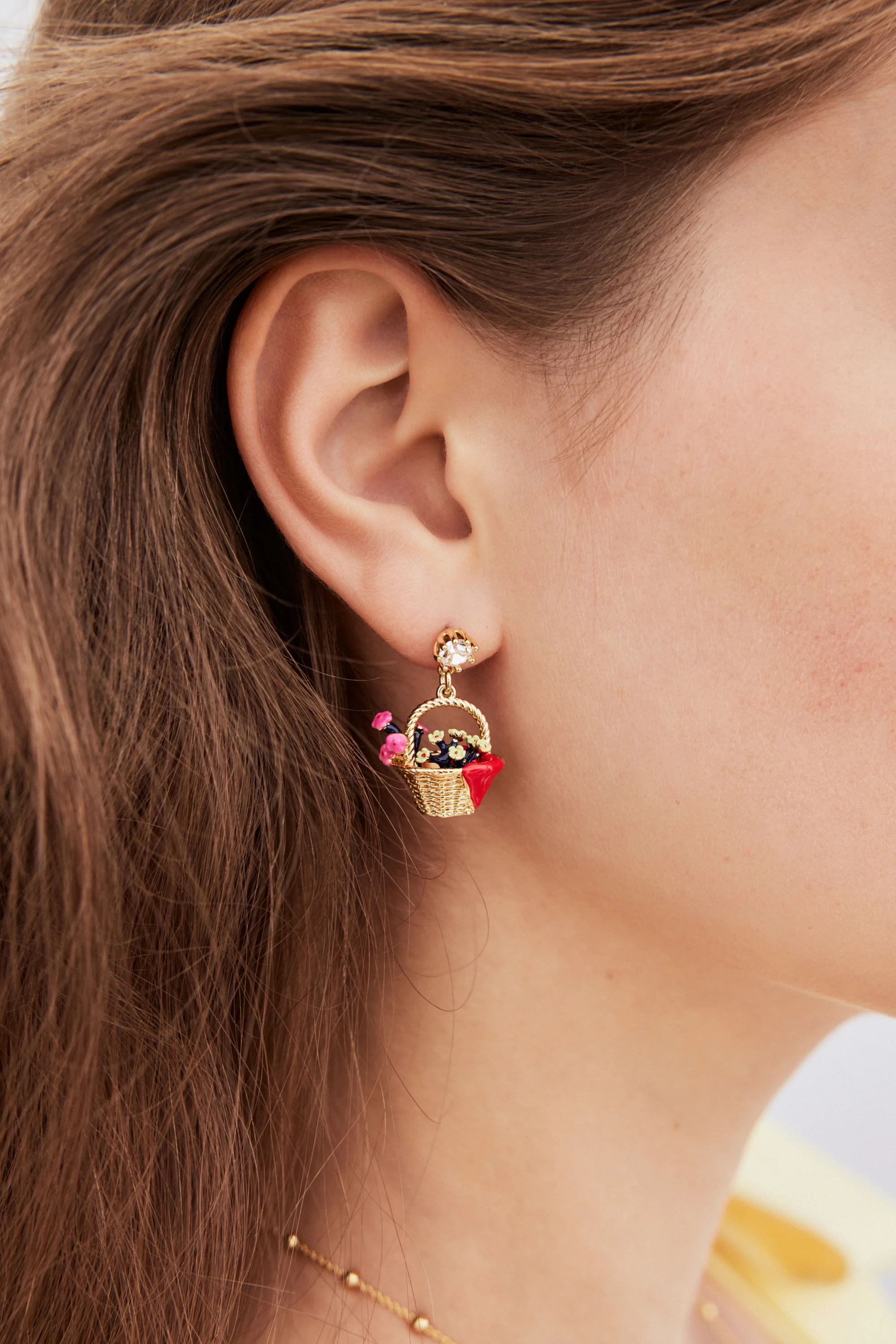 Asymmetrical Clip Earrings with Flower Basket and Goldilocks Design, Faceted Crystal - Image 3