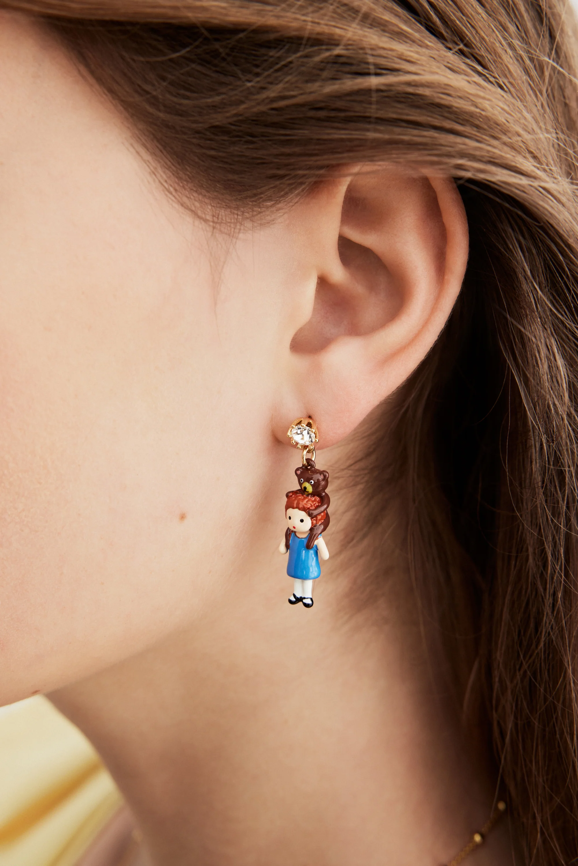 Asymmetrical Clip Earrings with Flower Basket and Goldilocks Design, Faceted Crystal - Image 4
