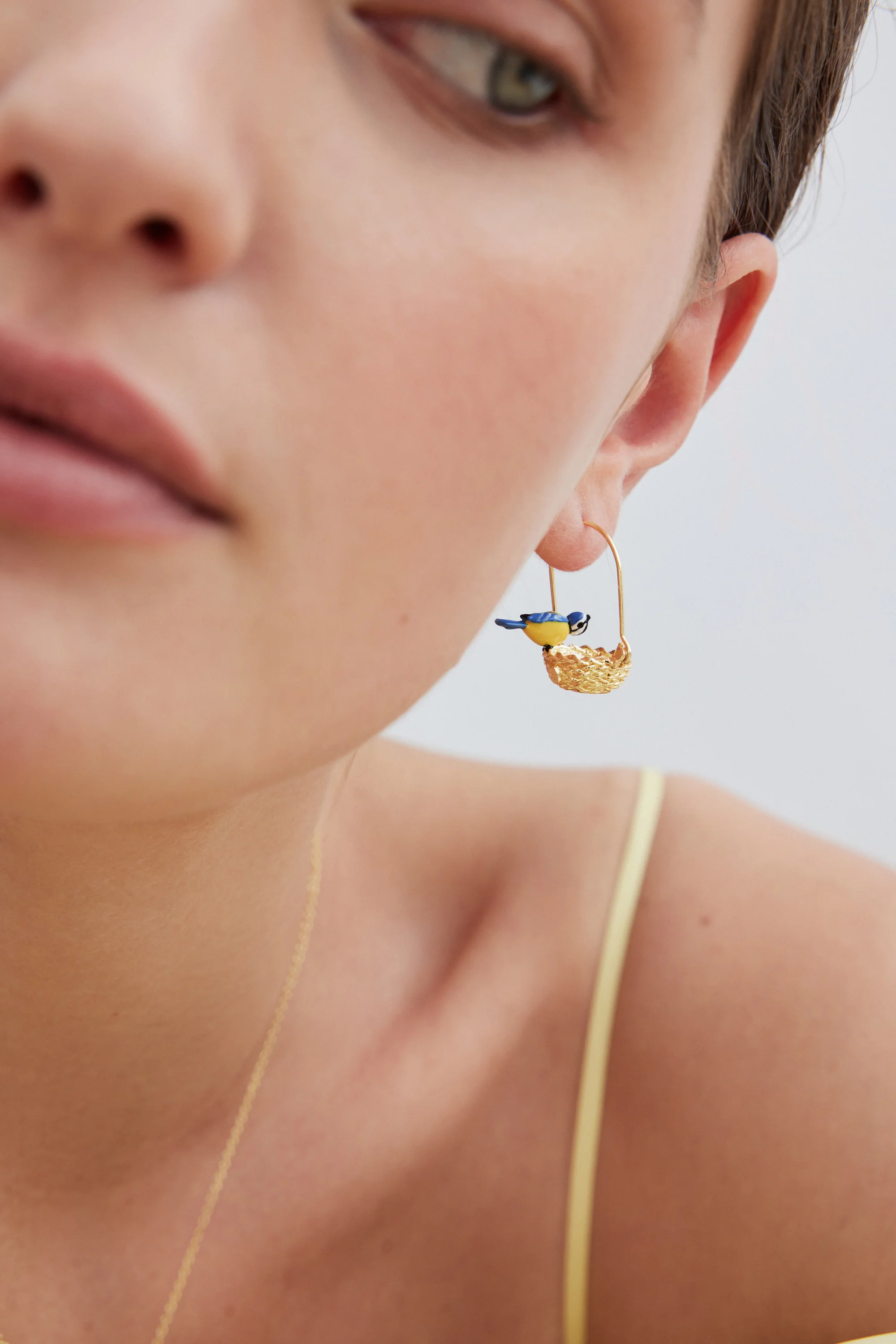 Asymmetrical Hook Earrings with Gold Nest and Blue and Yellow Tits - Image 3