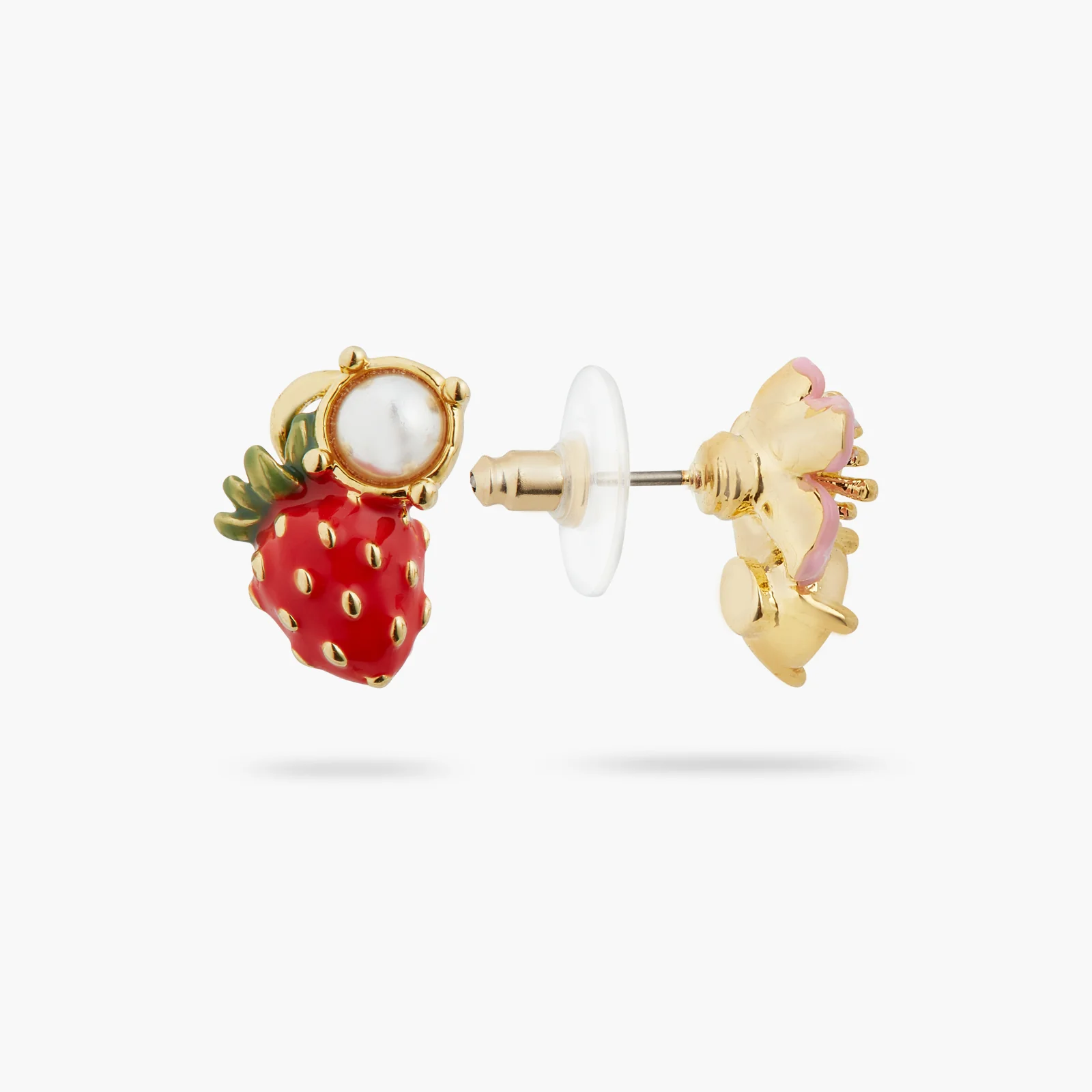 Asymmetrical Wild Strawberry and Pink Flower Post Earrings - Image 2