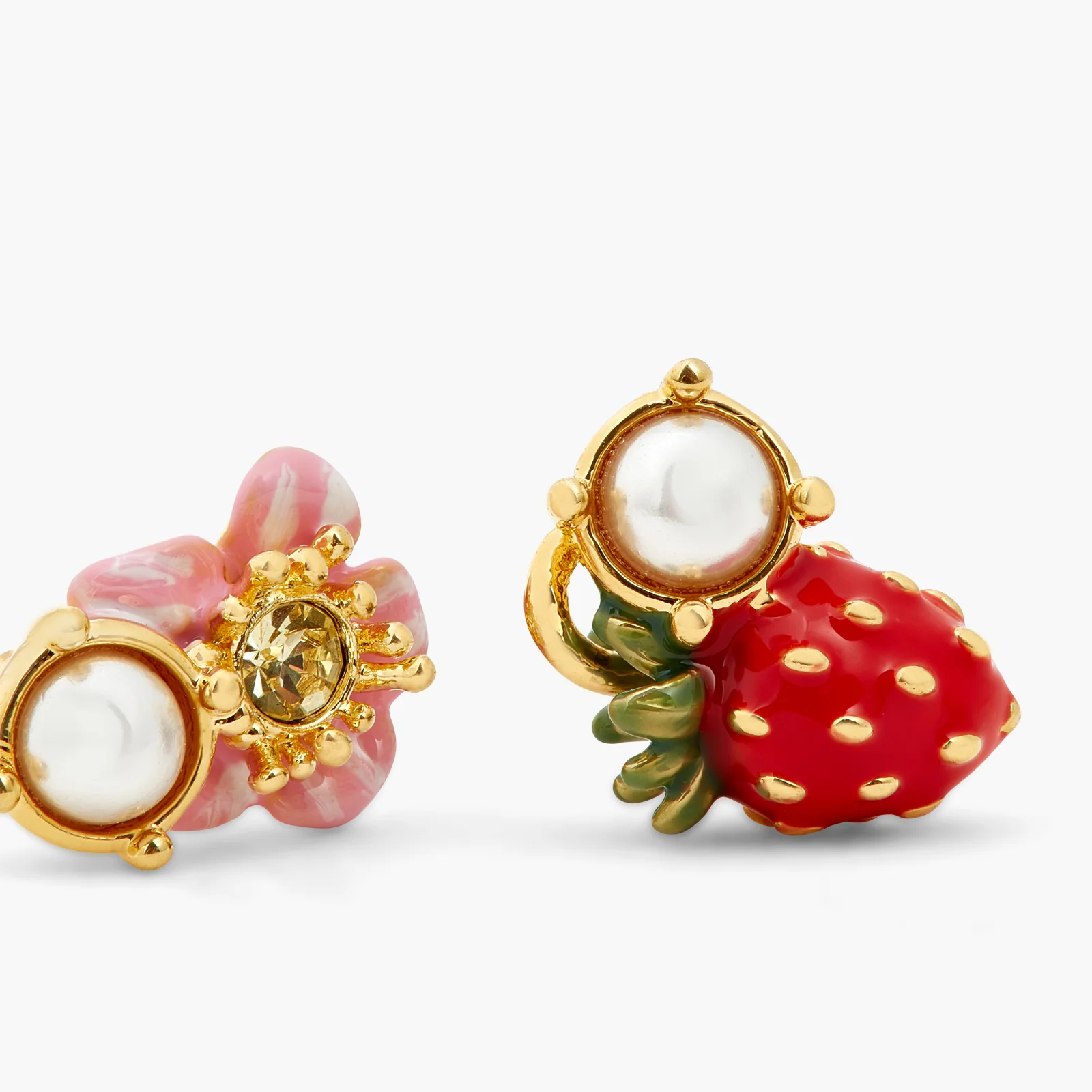 Asymmetrical Wild Strawberry and Pink Flower Post Earrings - Image 3