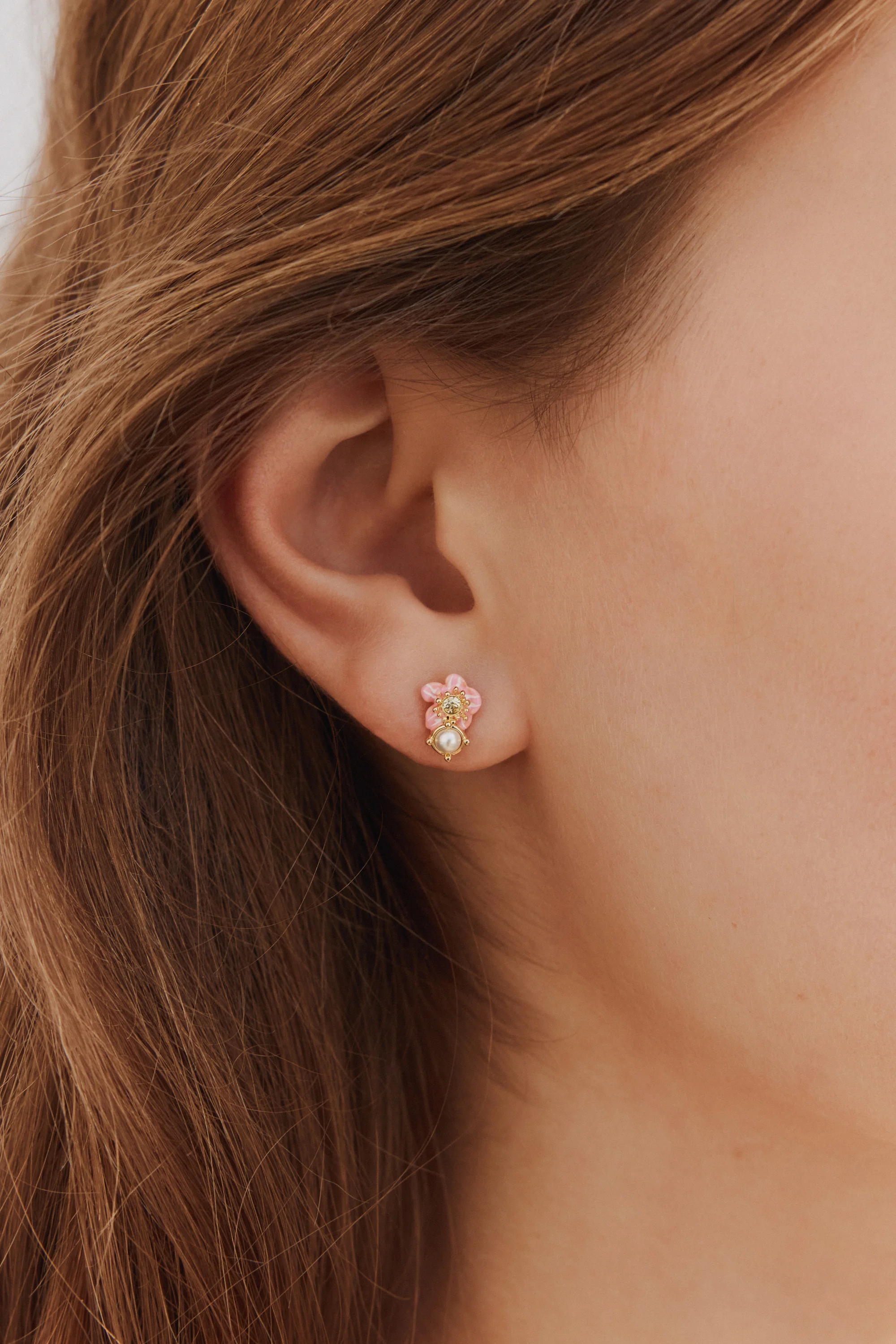 Asymmetrical Wild Strawberry and Pink Flower Post Earrings - Image 4