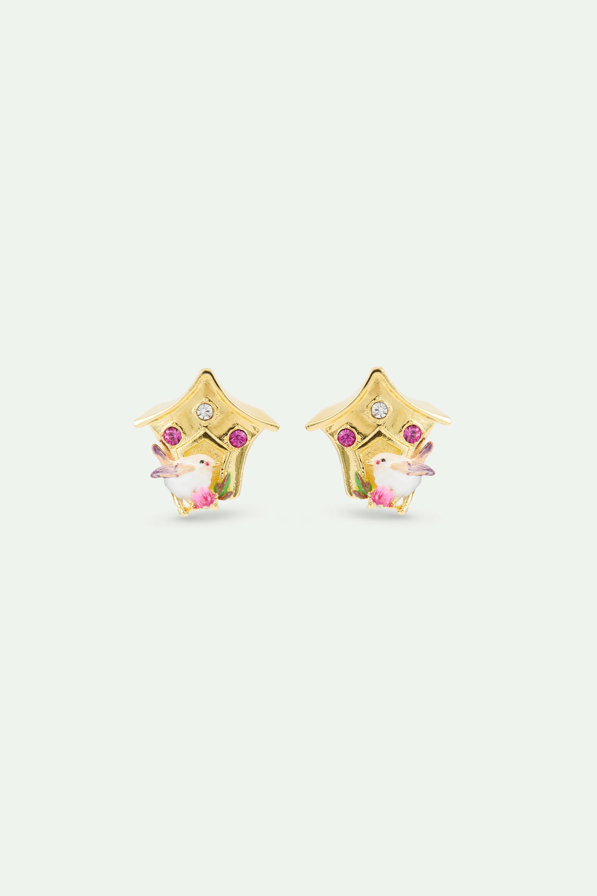 Birdhouse Clip-On Earrings, with Snow Bunting and Pink Crystals