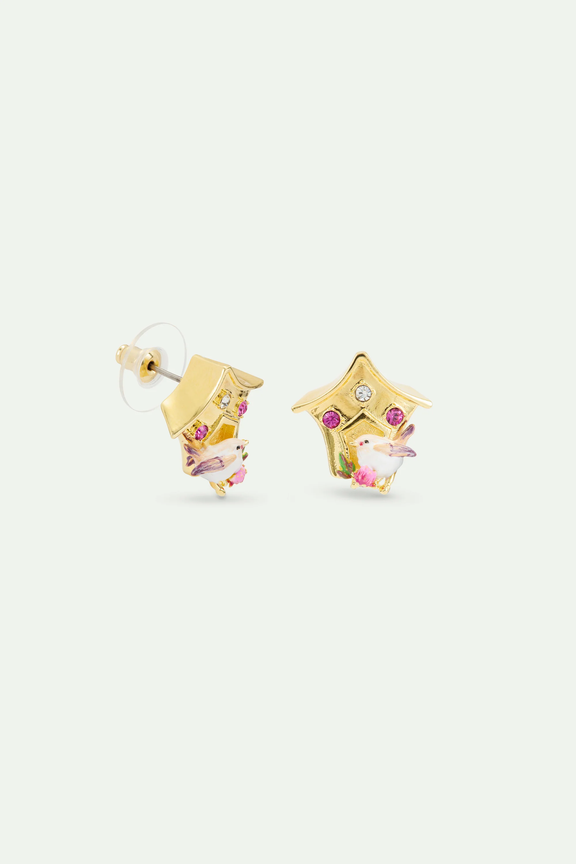 Birdhouse Post Earrings, with Snow Bunting and Pink Crystals - Image 2