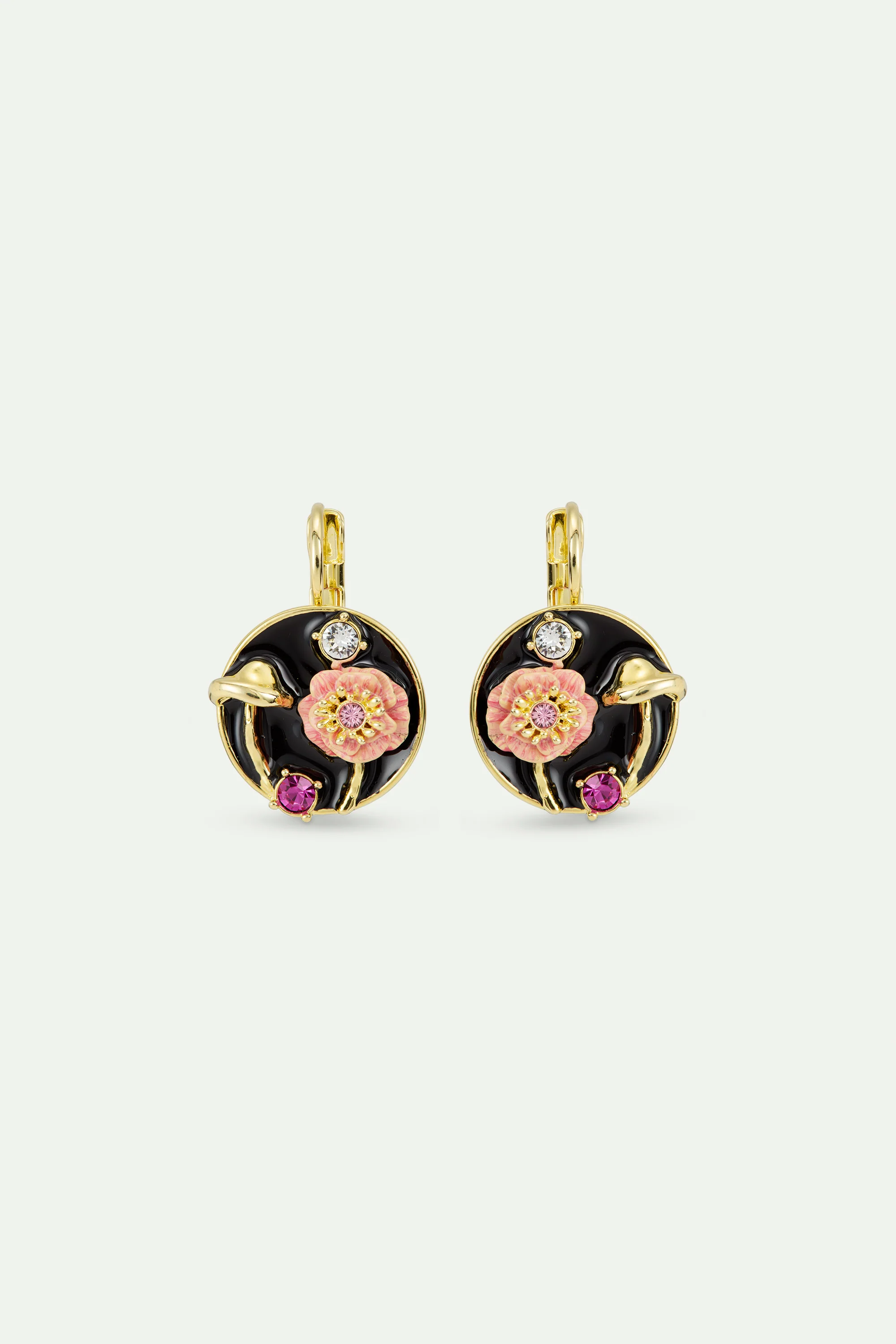 Black Medallion Clip-On Earrings with Mushroom, Anemone and Crystals