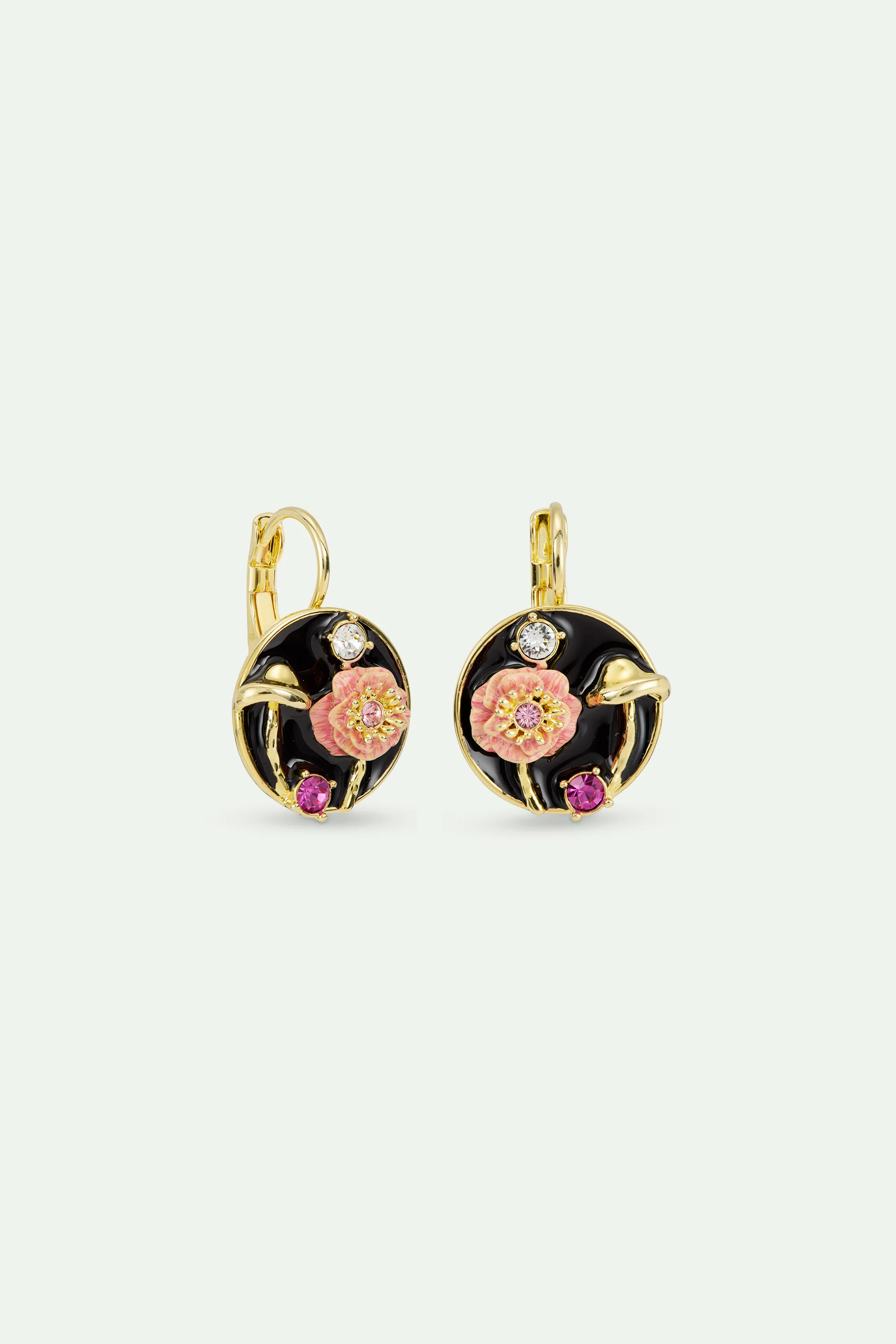 Black Medallion Clip-On Earrings with Mushroom, Anemone and Crystals - Image 2