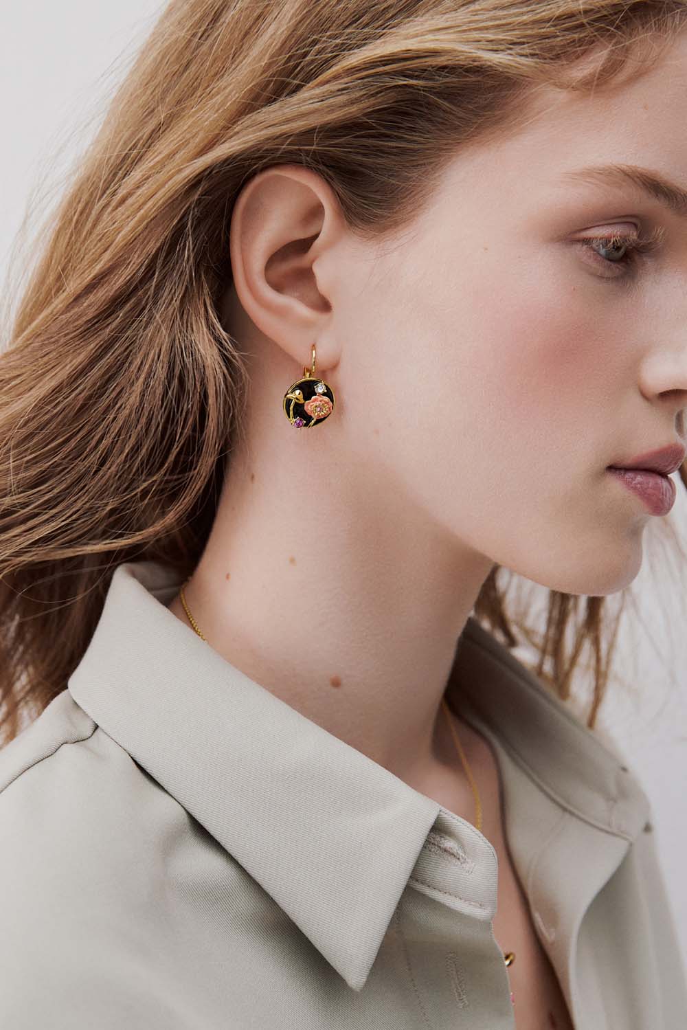 Black Medallion Clip-On Earrings with Mushroom, Anemone and Crystals - Image 3