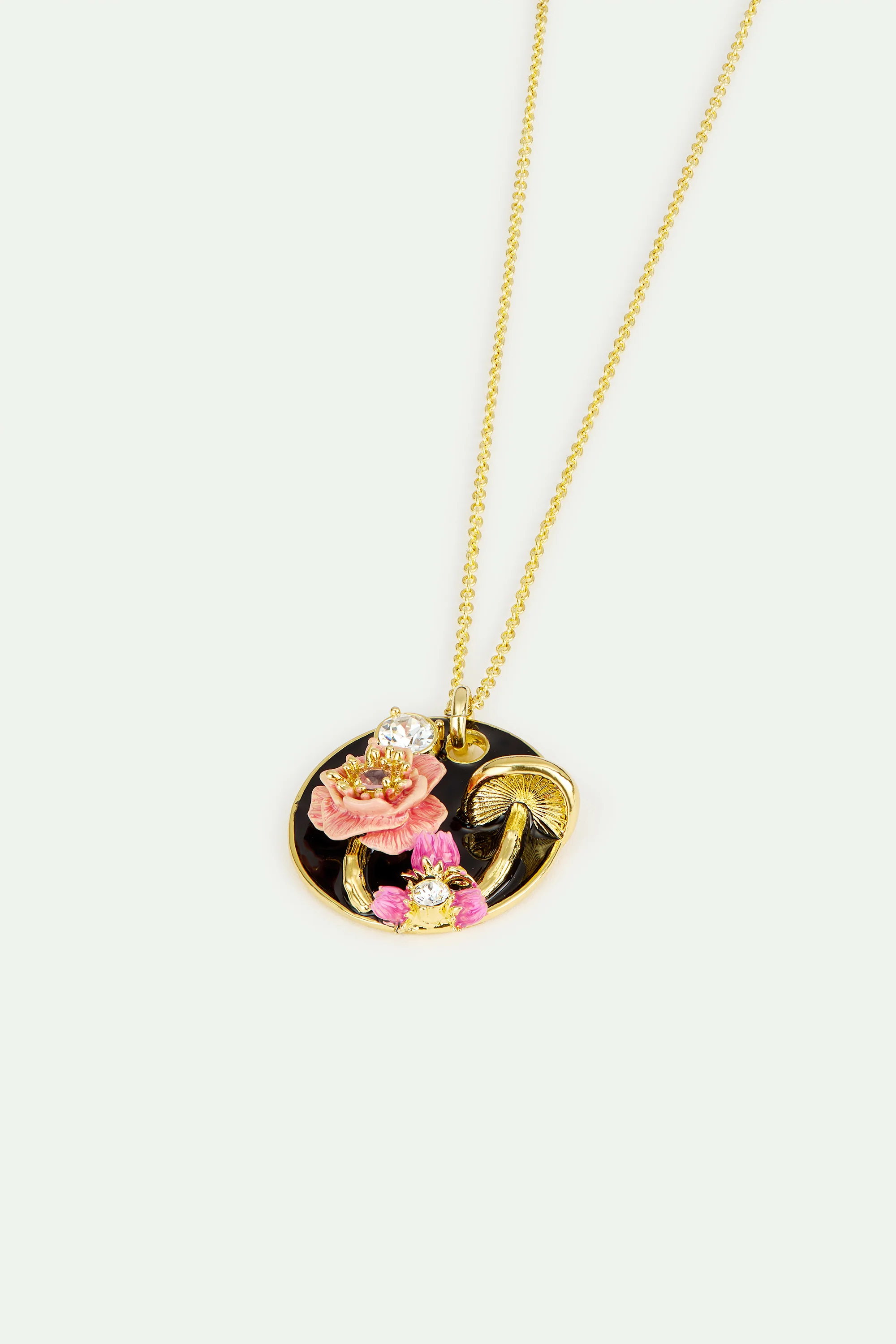 Black Medallion Pendant Necklace with Mushroom, Anemone and Crystals - Image 2