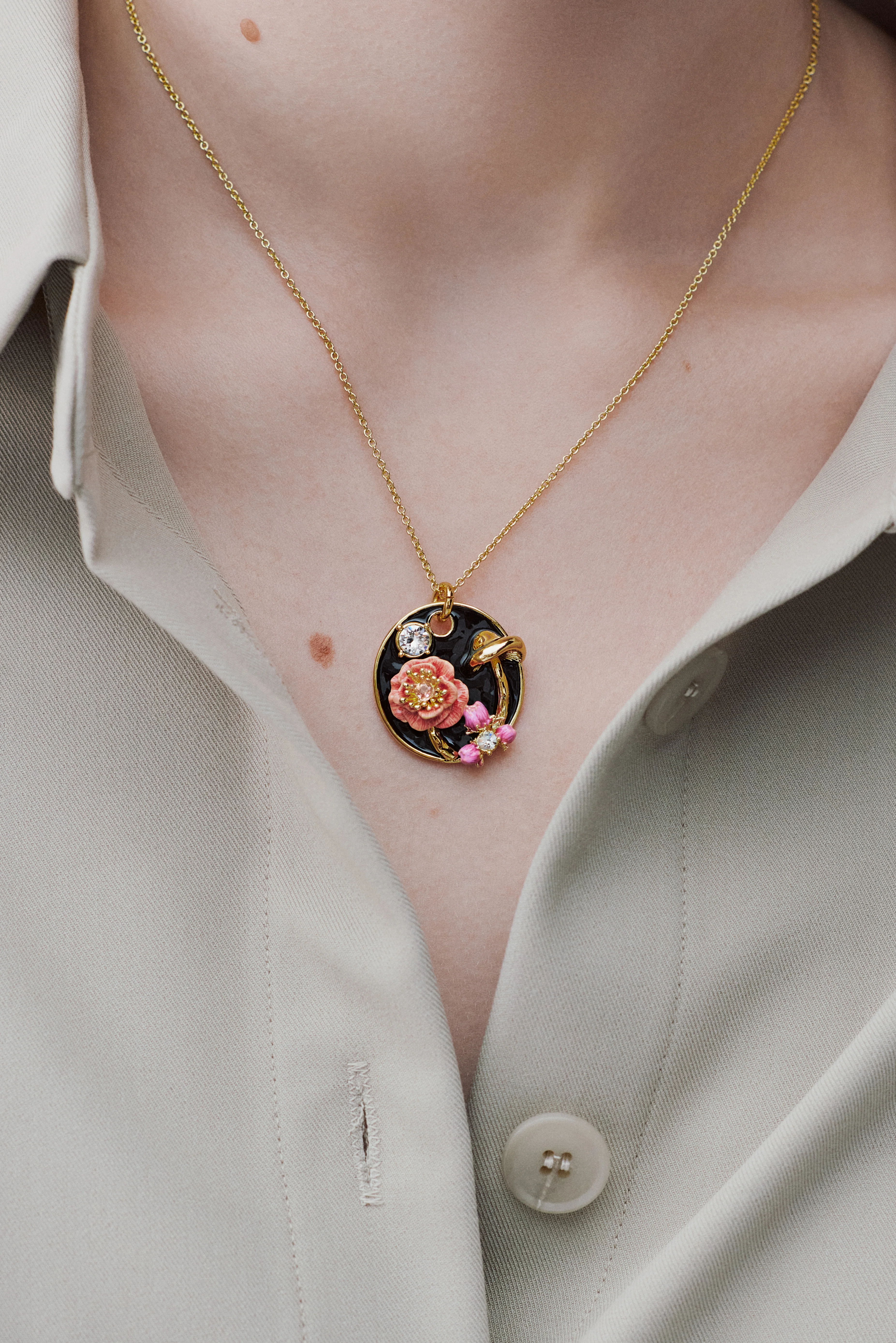 Black Medallion Pendant Necklace with Mushroom, Anemone and Crystals - Image 4