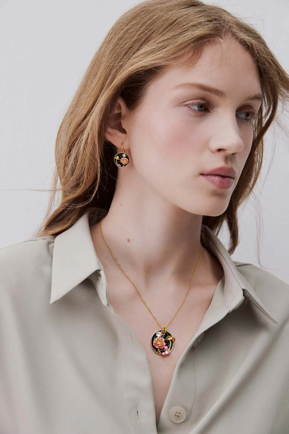 Black Medallion Pendant Necklace with Mushroom, Anemone and Crystals - Image 5