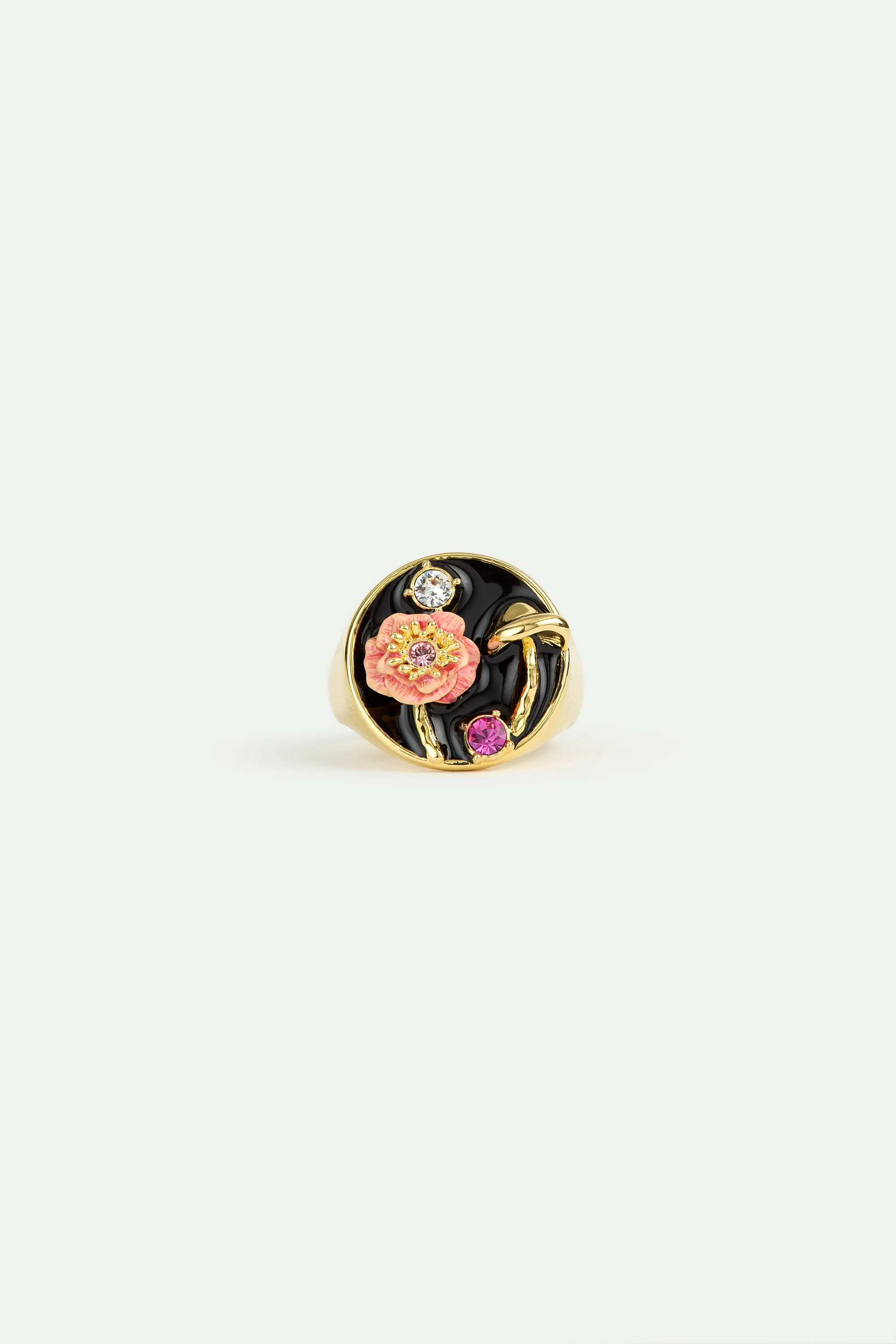 Black Signet Ring with Mushroom, Anemone and Crystals - Image 2