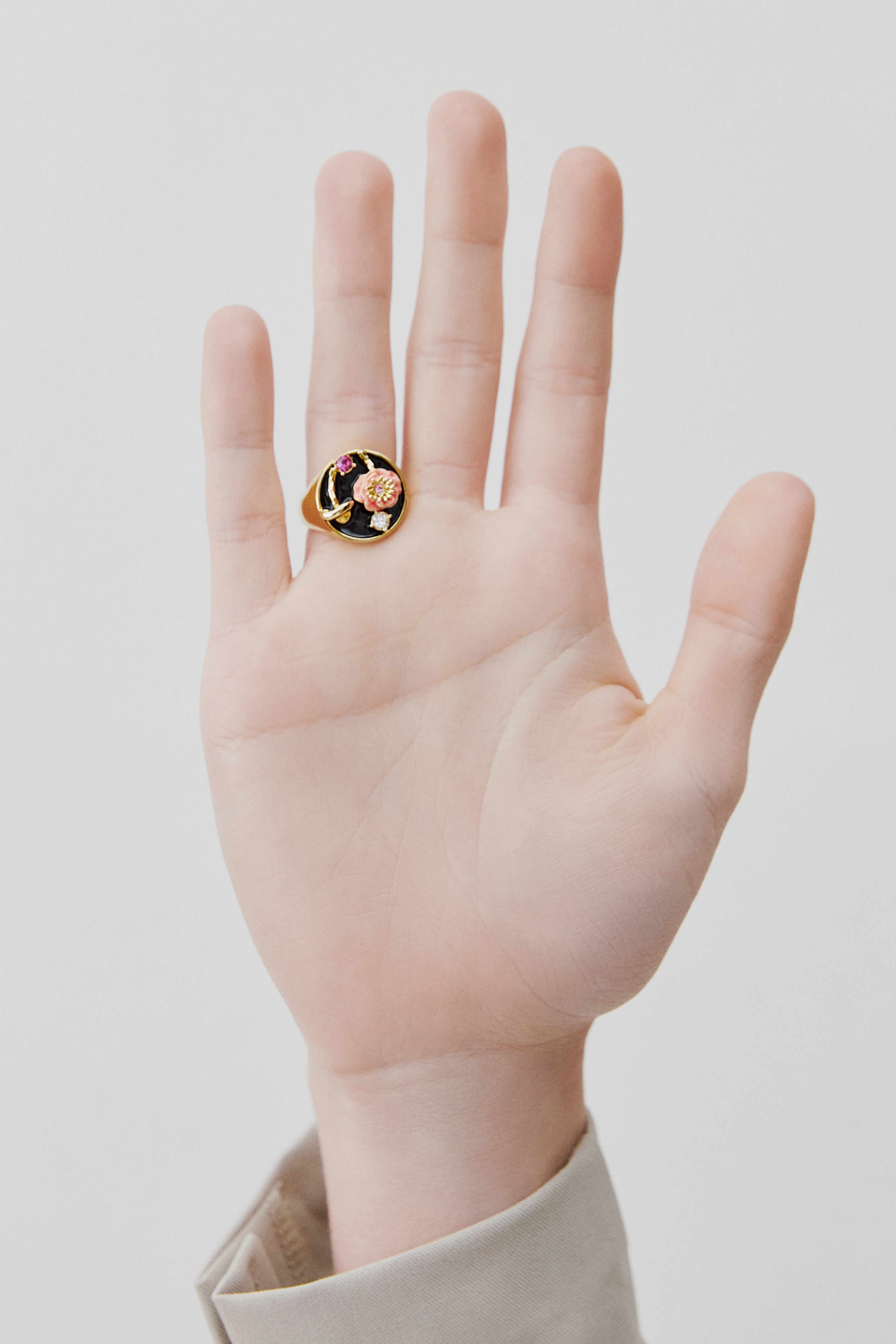 Black Signet Ring with Mushroom, Anemone and Crystals - Image 3