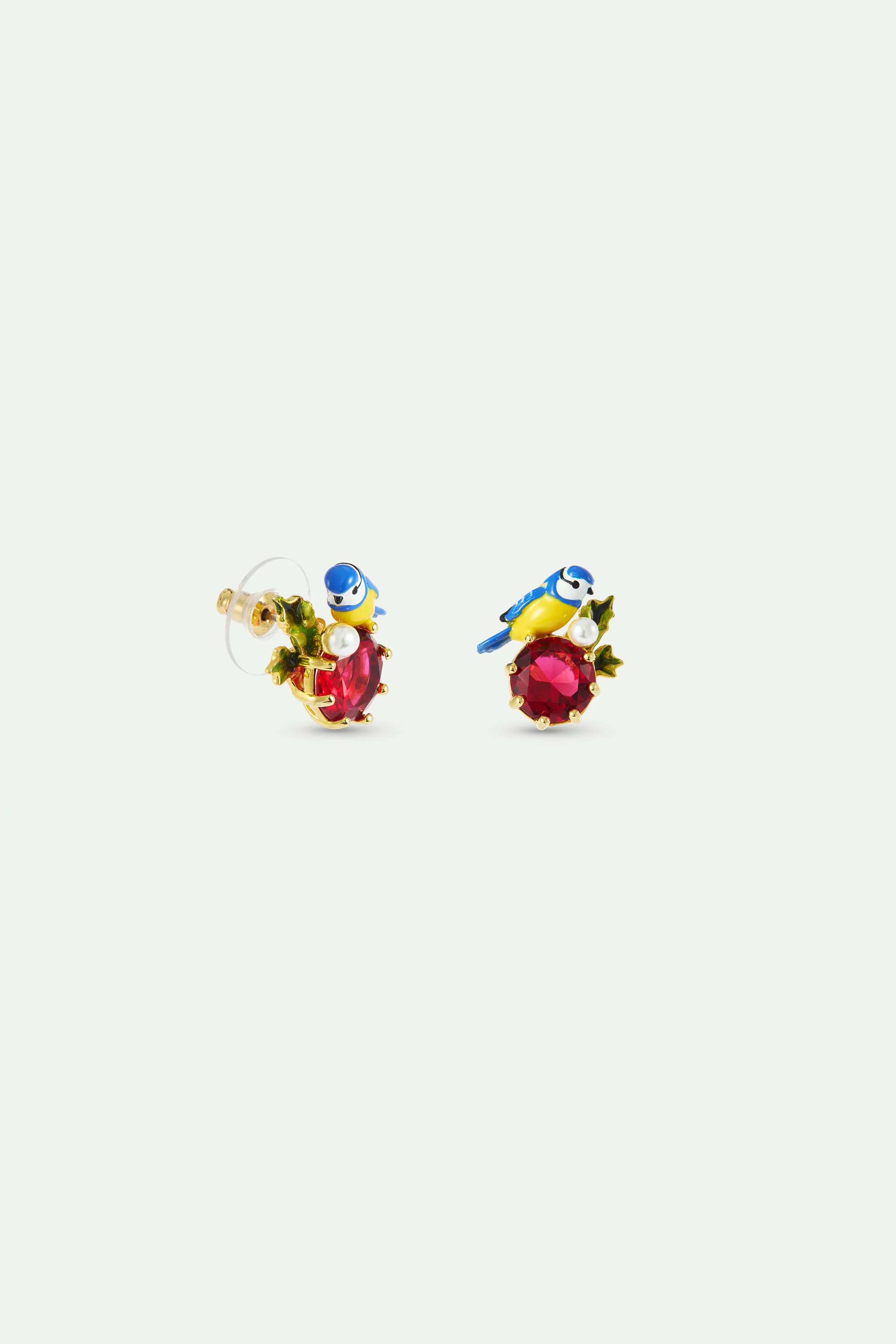 Blue Tit and Round Red Stone Post Earrings - Image 2