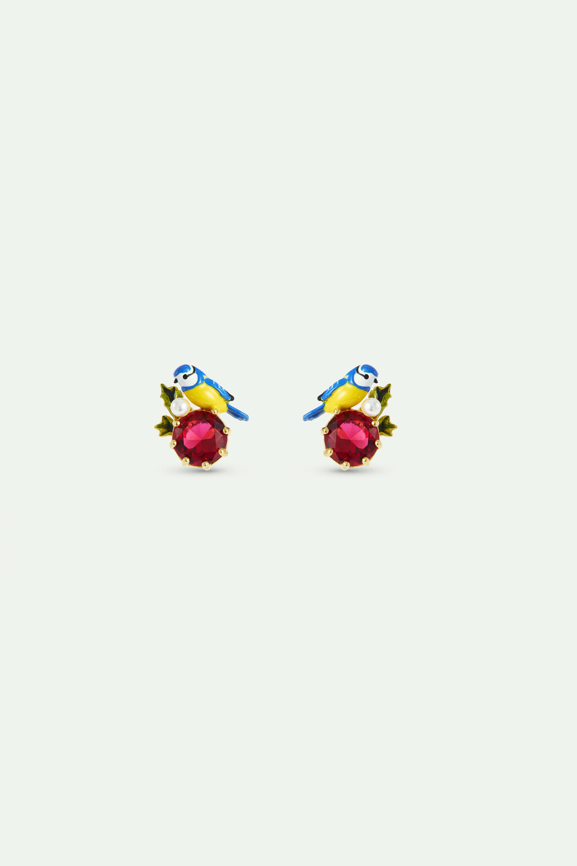 Blue Tit and Round Red Stone Sleeper Earrings