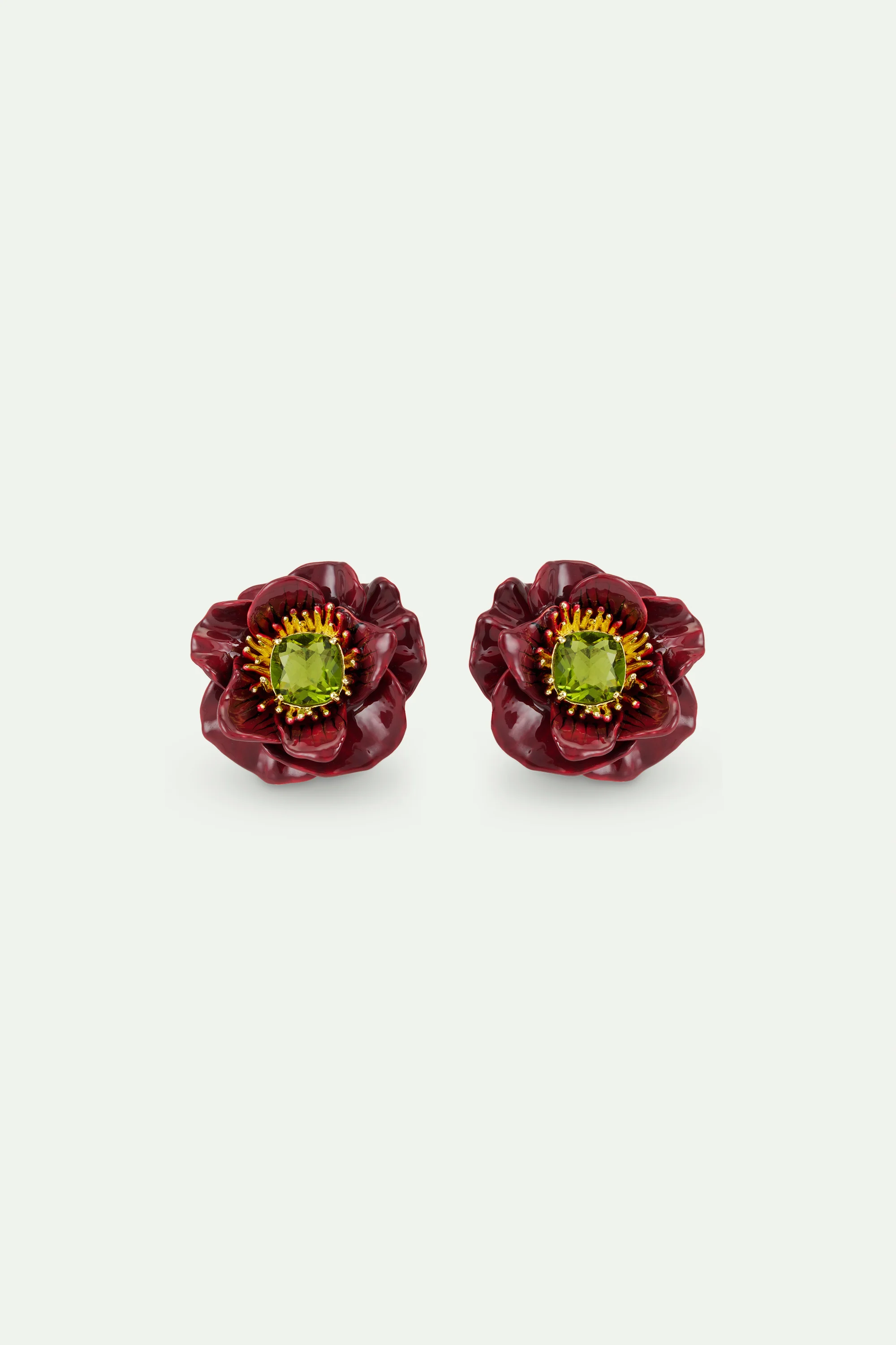 Burgundy Anemone Flower and Green Faceted Stone Clip-On Earrings