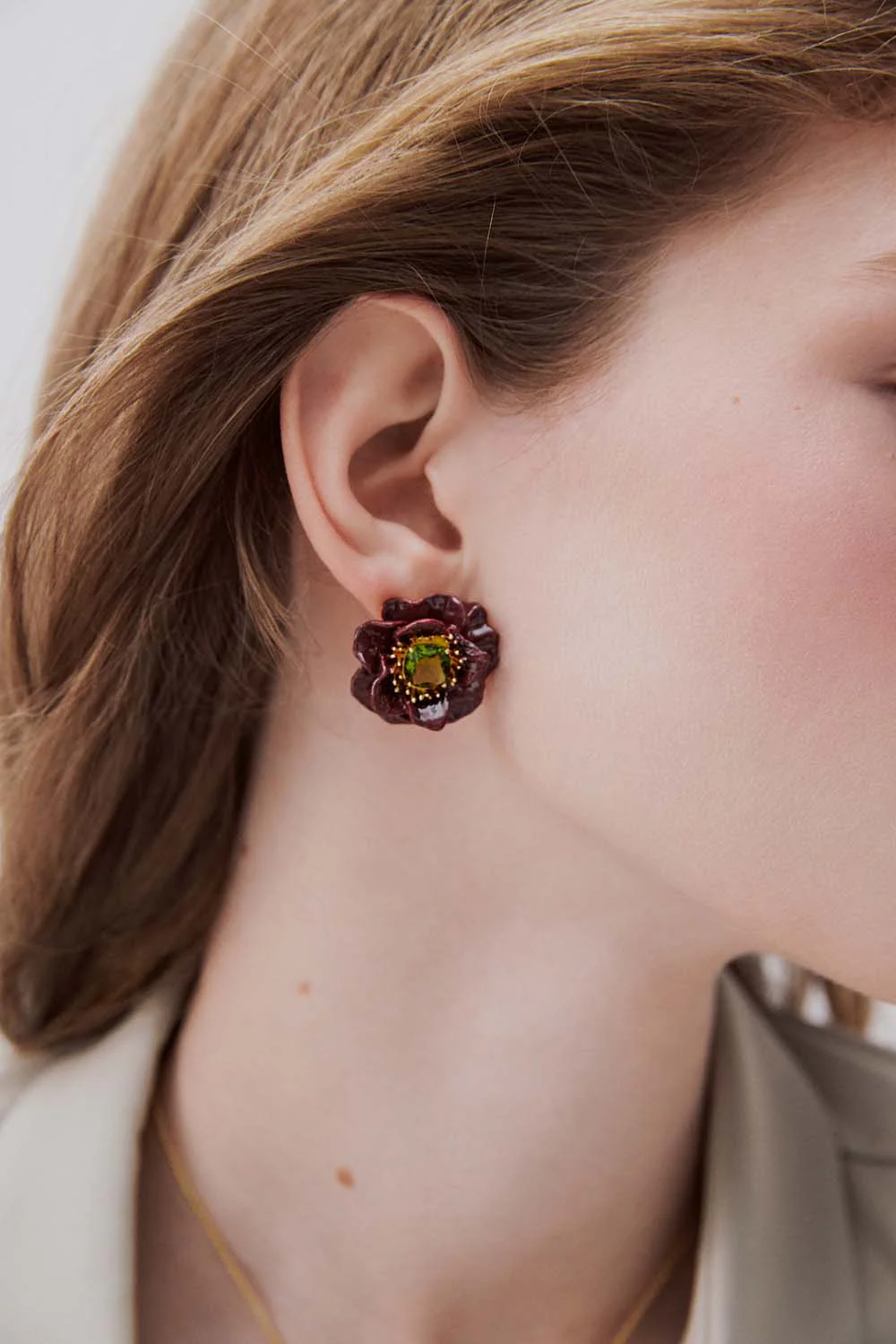 Burgundy Anemone Flower and Green Faceted Stone Clip-On Earrings - Image 2