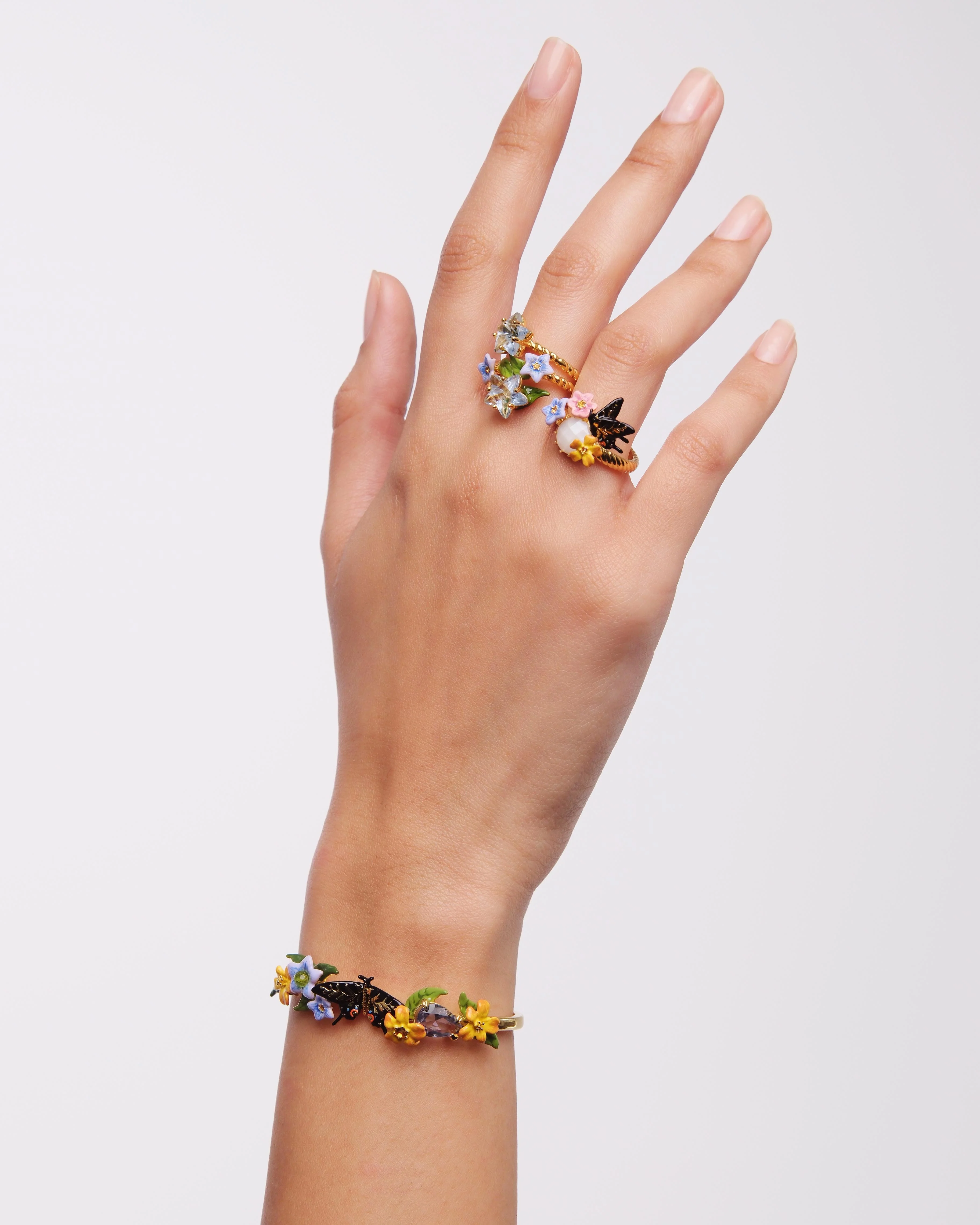Butterfly, 3 Colorful Jasmine Flowers and Faceted Stone Cocktail Ring - Image 3