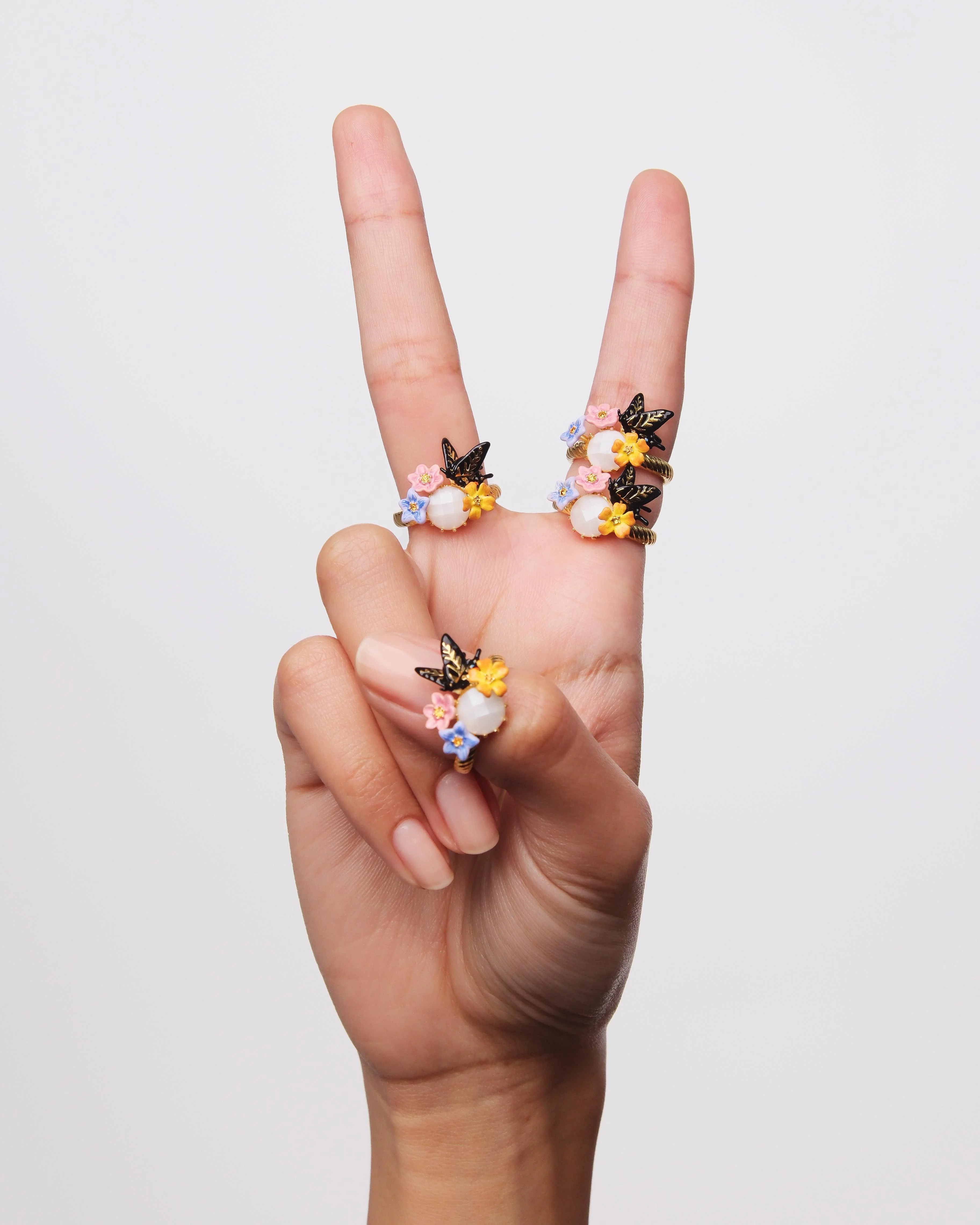 Butterfly, 3 Colorful Jasmine Flowers and Faceted Stone Cocktail Ring - Image 4