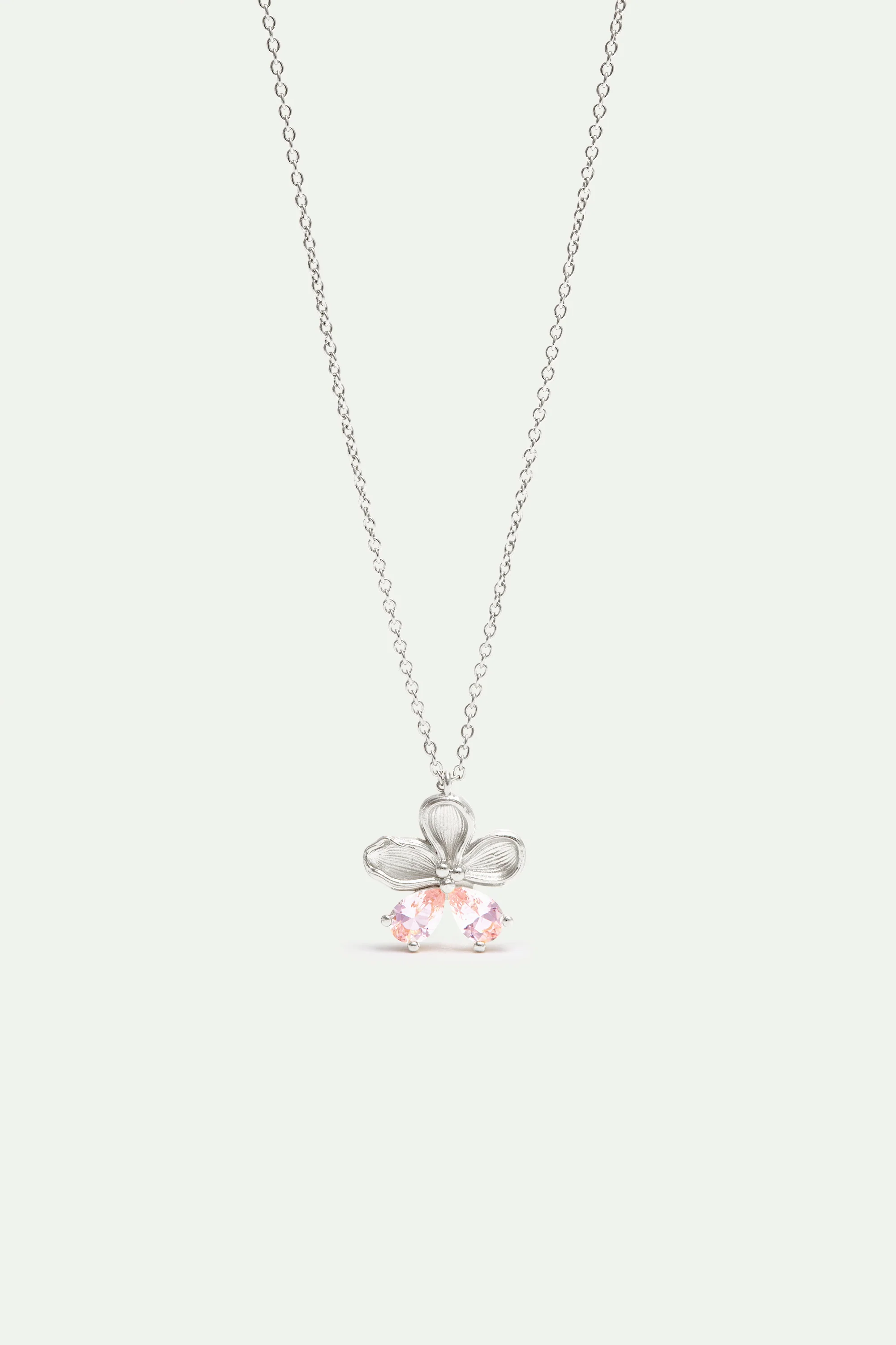 Cherry Blossom and Pink Stones Silver Pendant Necklace