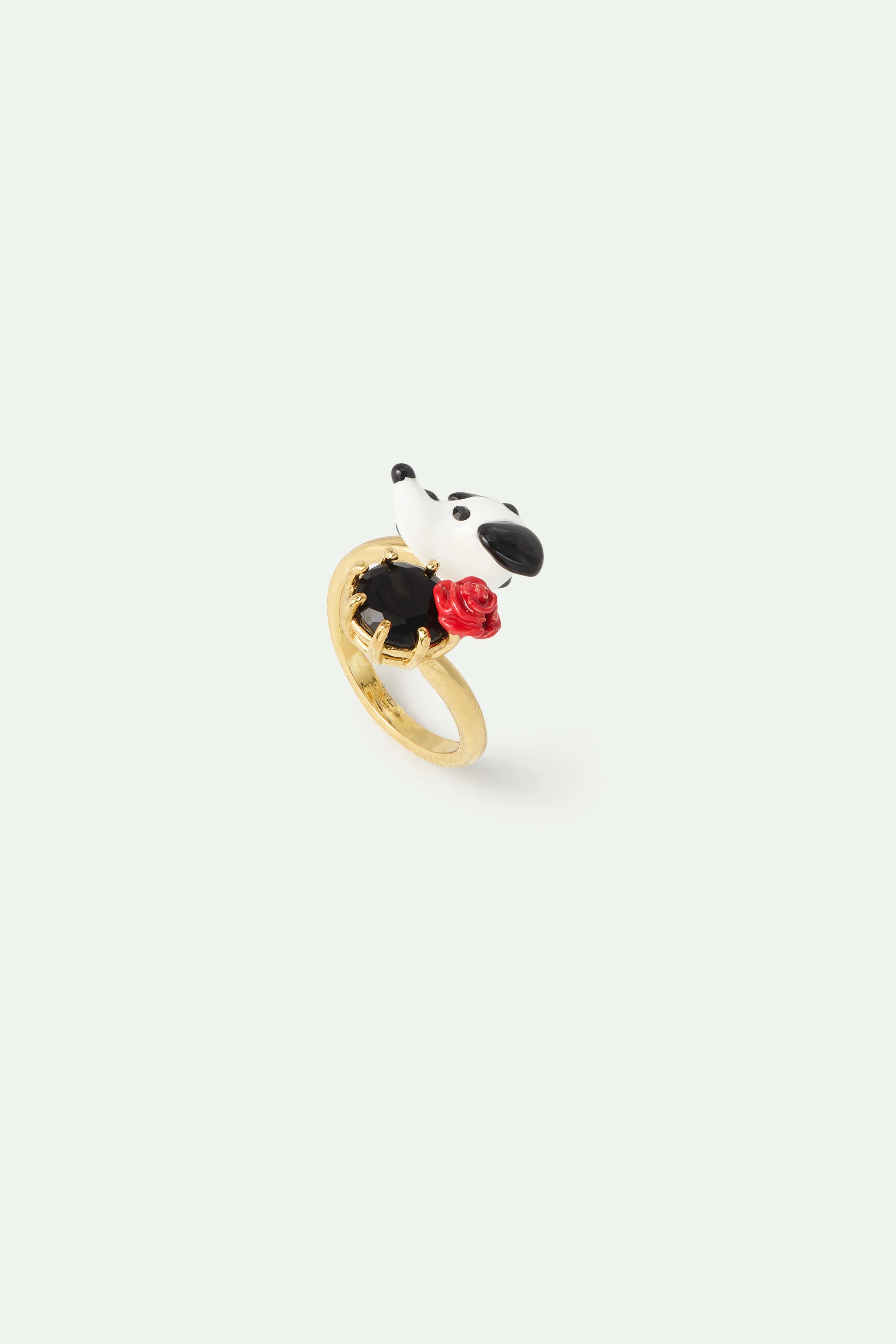 Les Néréides Loves Animals - Dalmatian Adjustable Ring with Black Faceted Round Stone and Red Rose