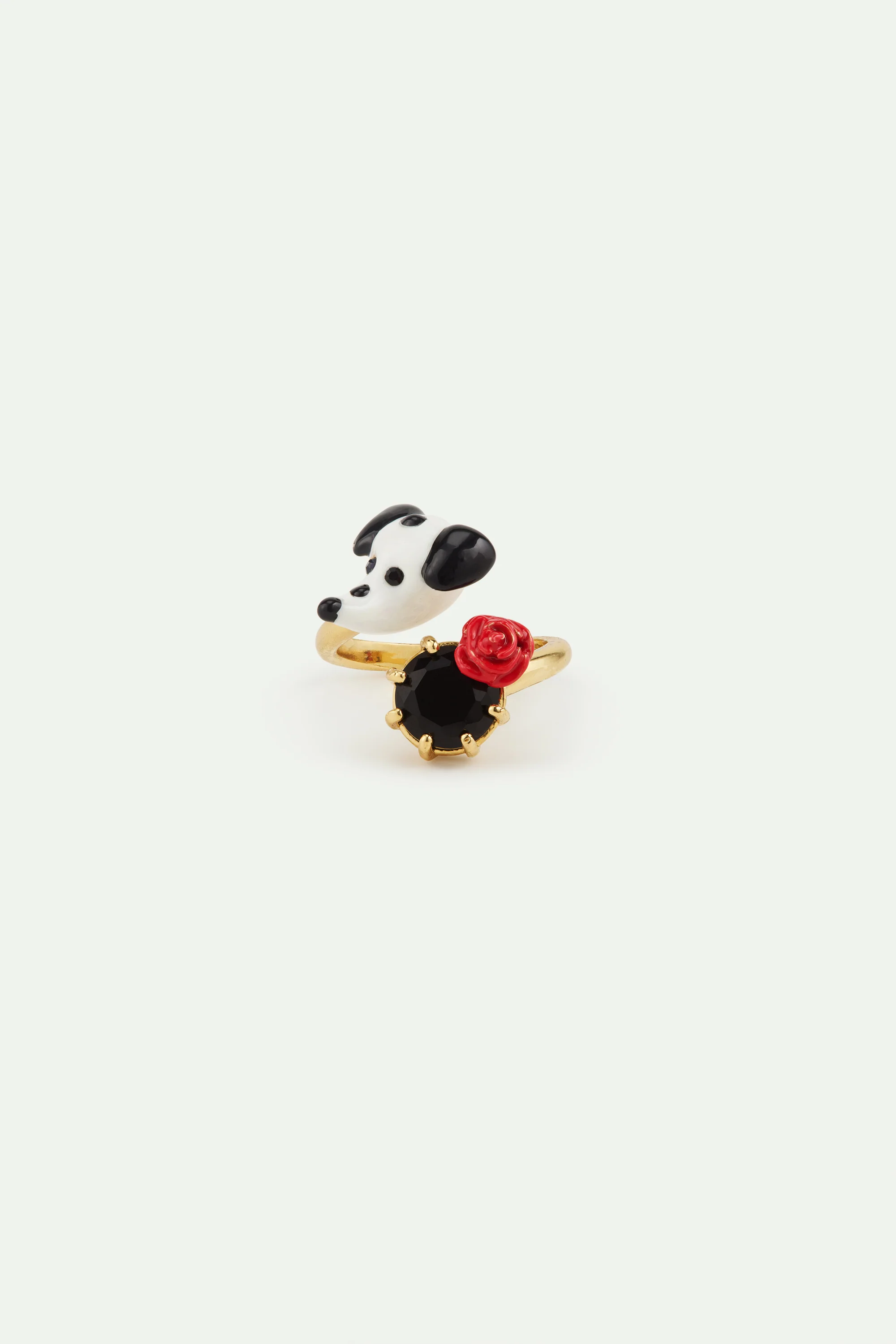 Les Néréides Loves Animals - Dalmatian Adjustable Ring with Black Faceted Round Stone and Red Rose - Image 2