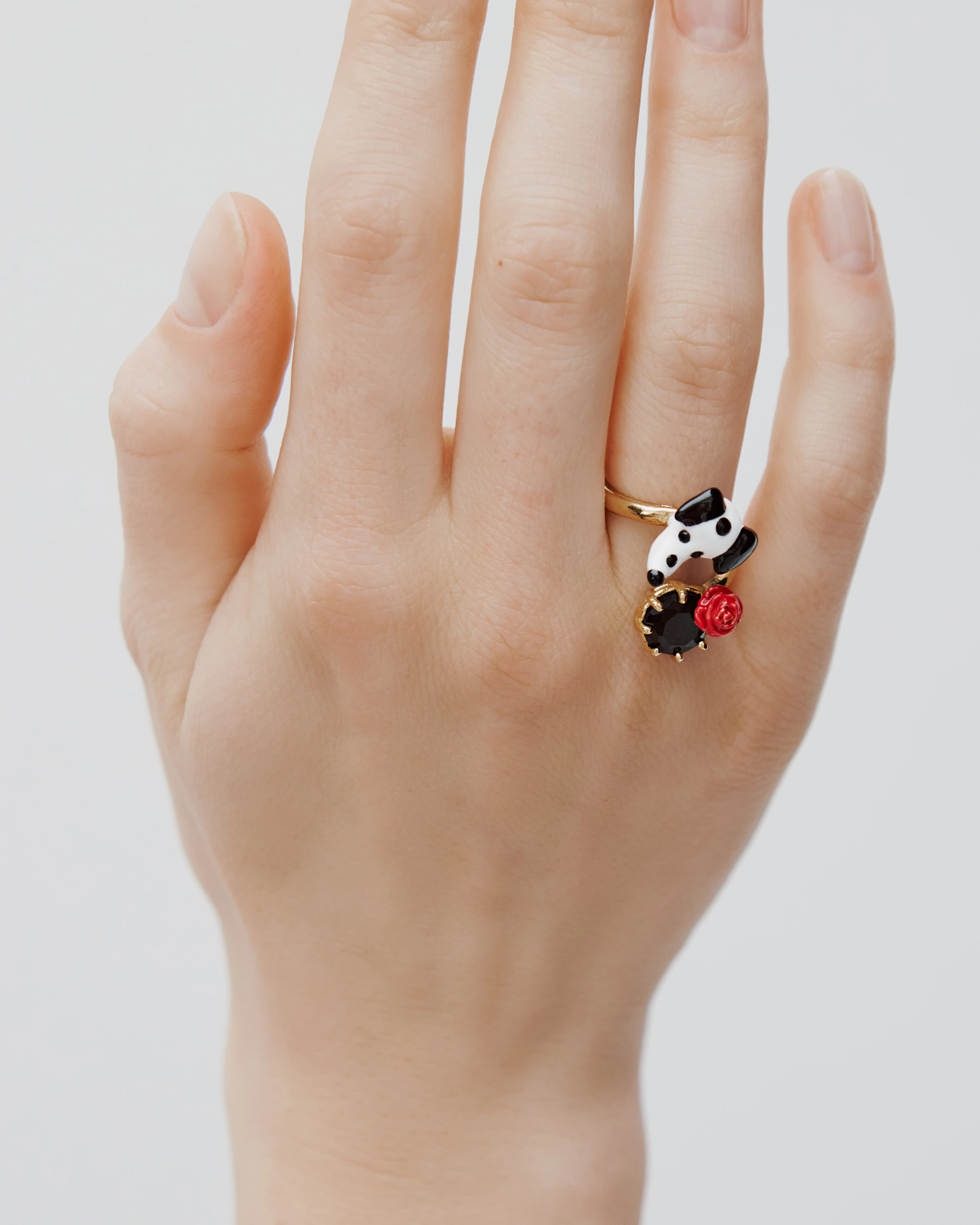 Les Néréides Loves Animals - Dalmatian Adjustable Ring with Black Faceted Round Stone and Red Rose - Image 3