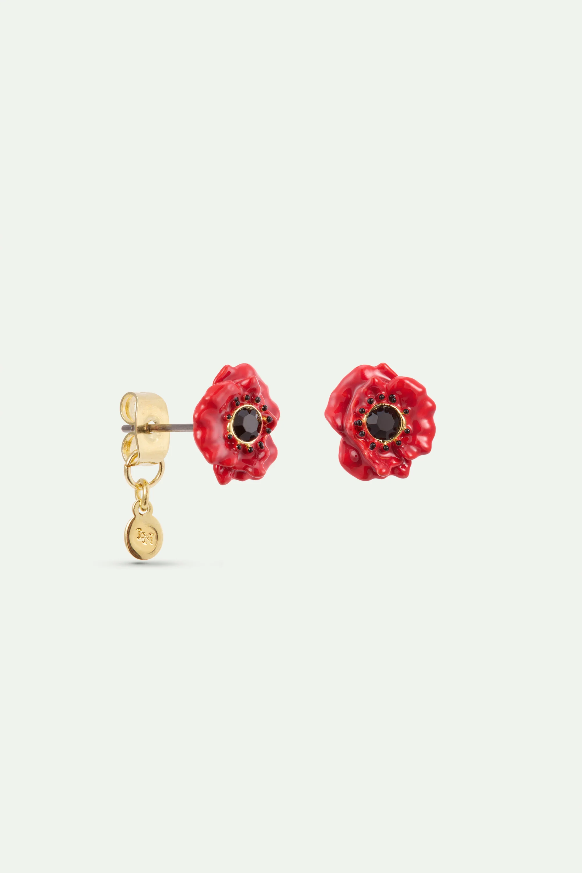 Earrings with Red Poppy and Black Crystal