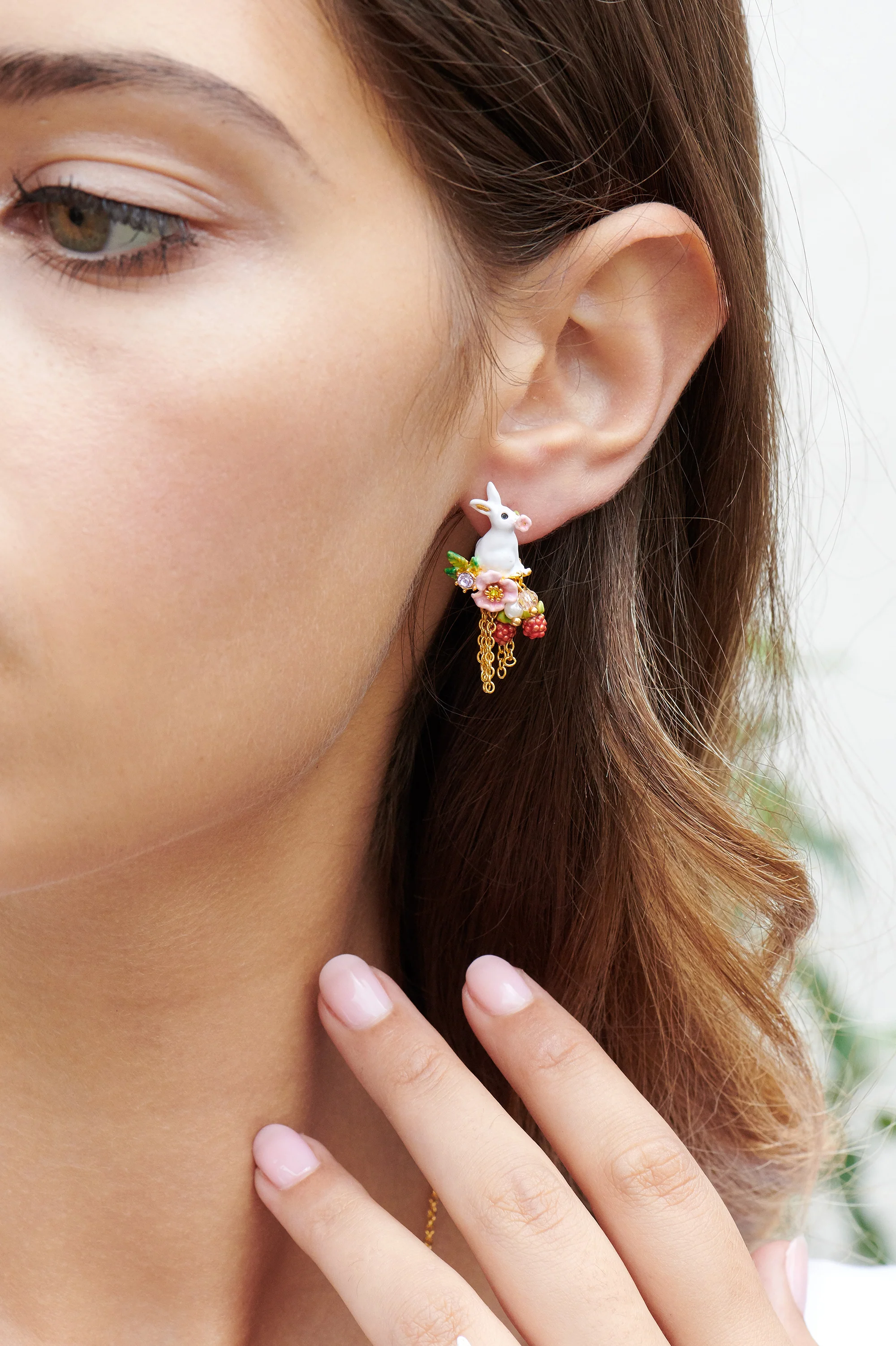 ENCHANTED ENCOUNTER Rabbit and Chain Asymmetrical Post Earrings - Image 3