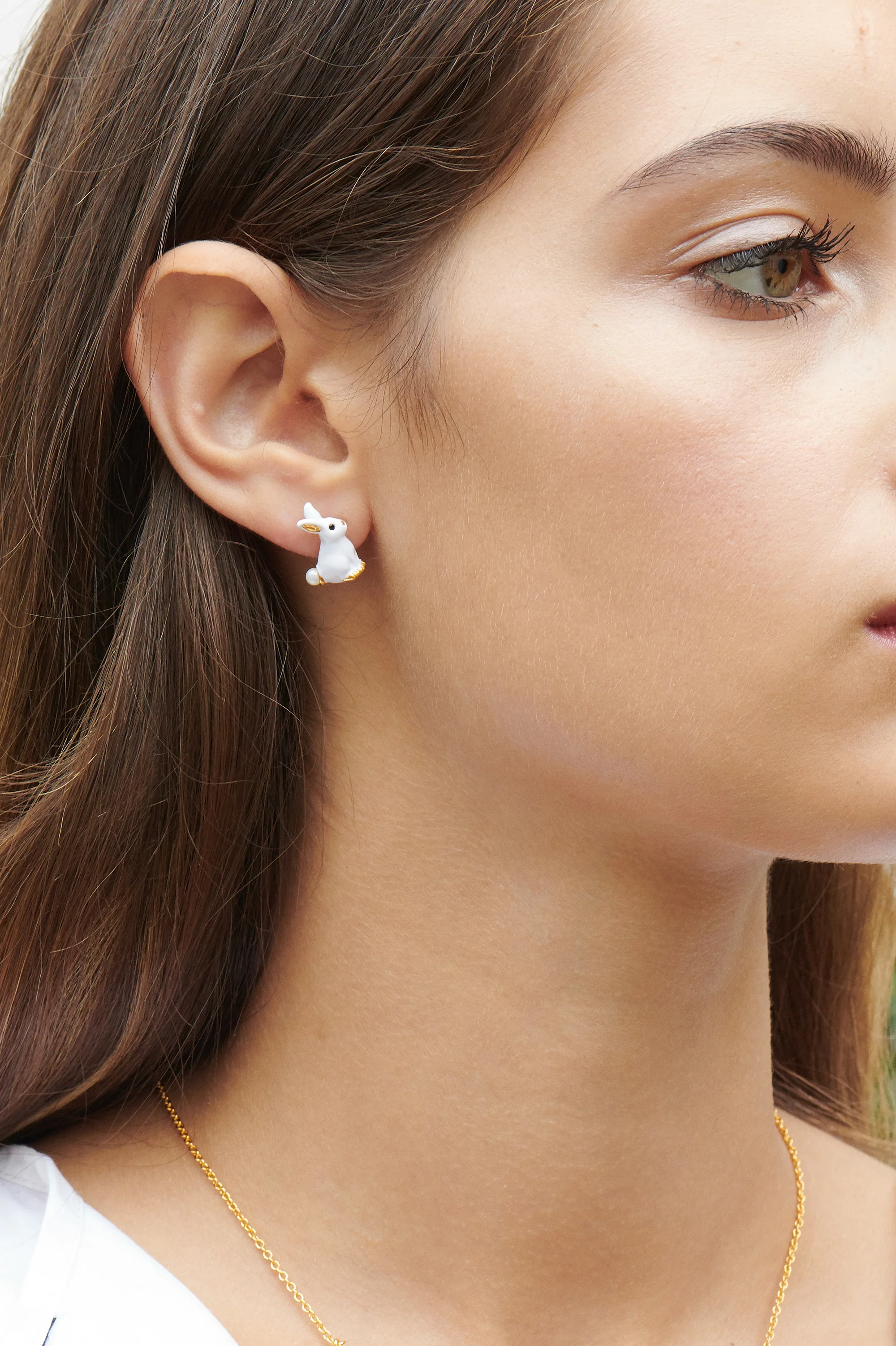 ENCHANTED ENCOUNTER Bunny and Pink flower Asymmetrical Stud Earrings - Image 3
