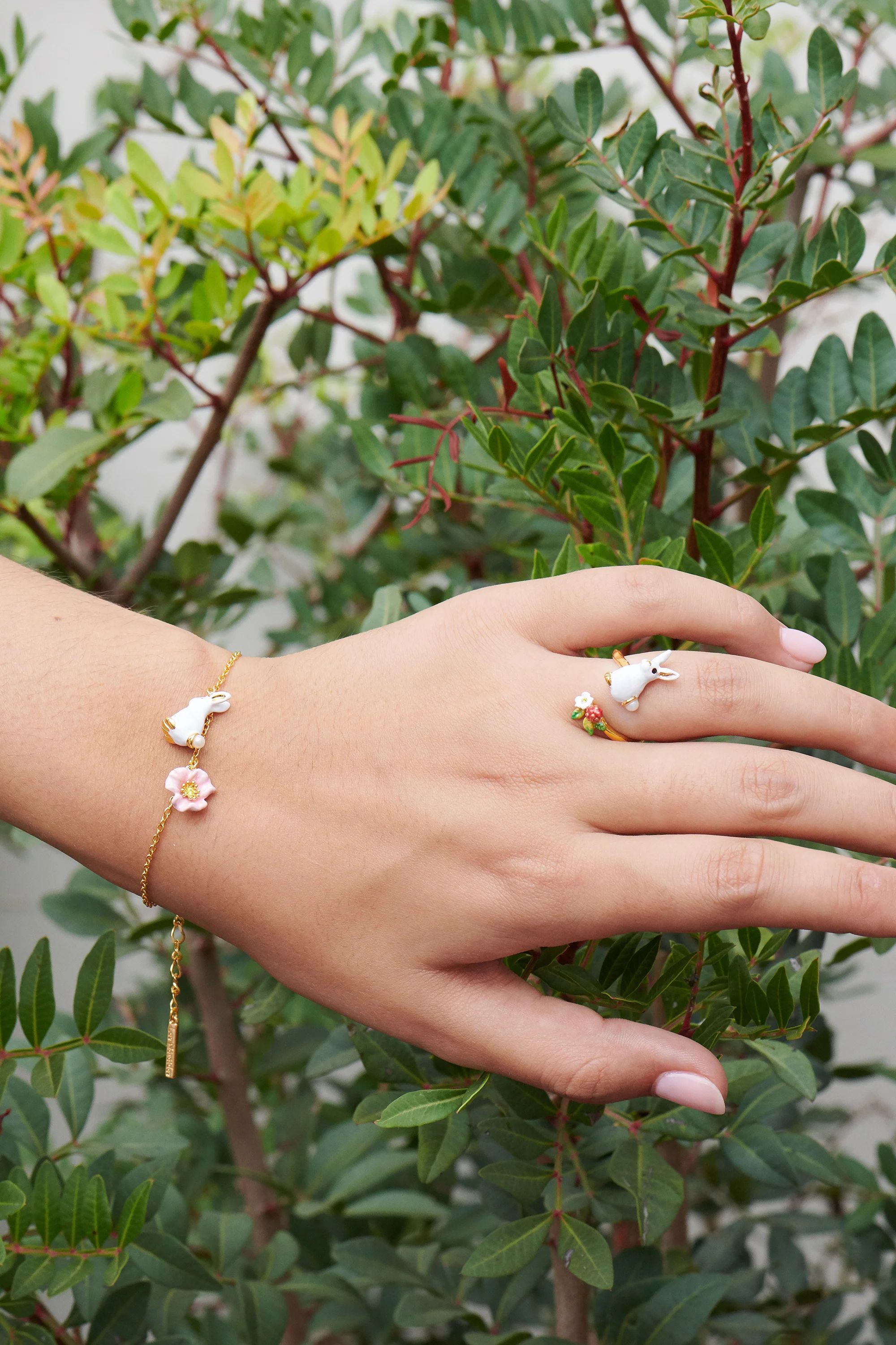 ENCHANTED ENCOUNTER Bunny and Pink Flower Thin Chain Bracelet - Image 3