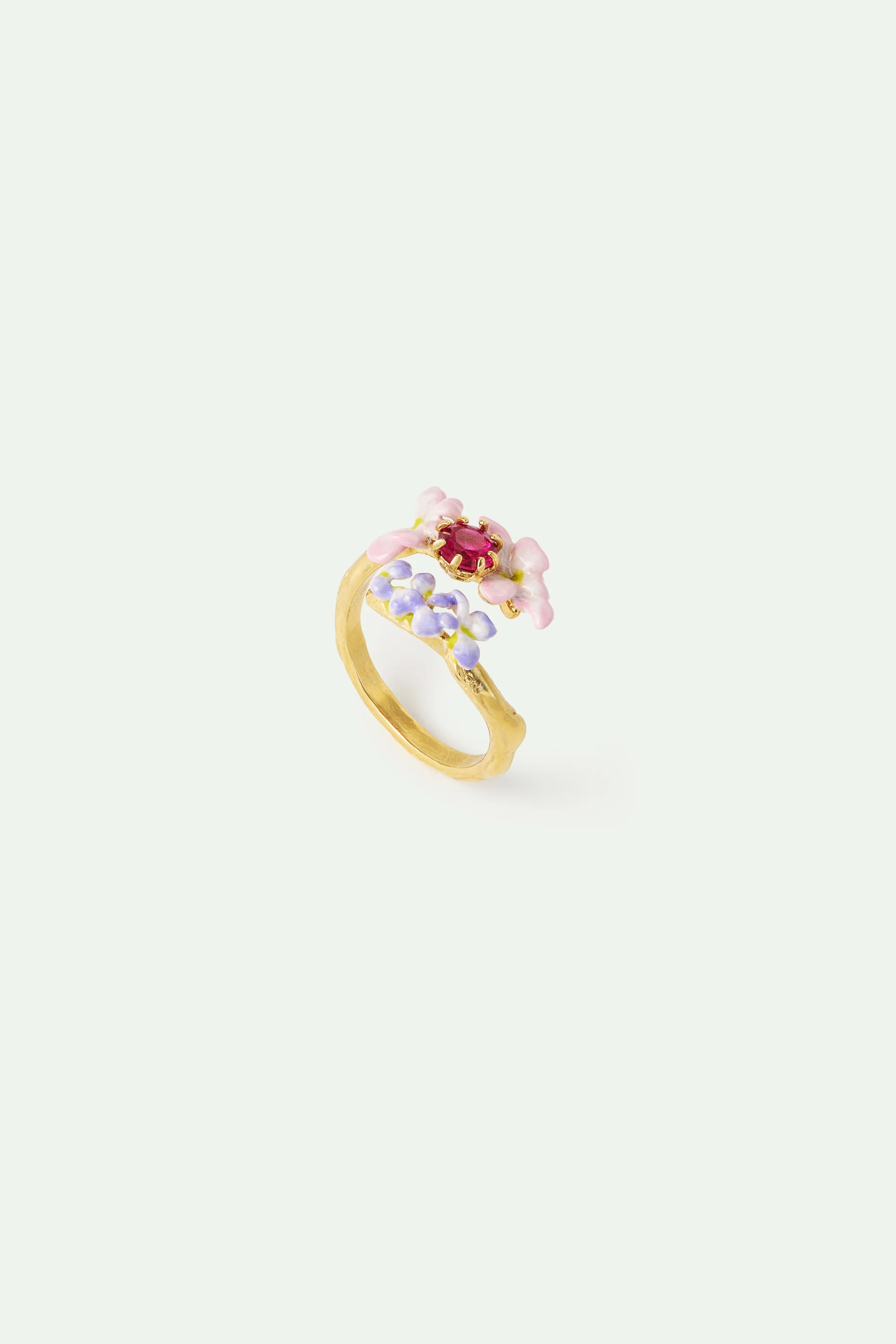 Faceted Pink Glass and Purple and Pink Wisteria Adjustable Ring