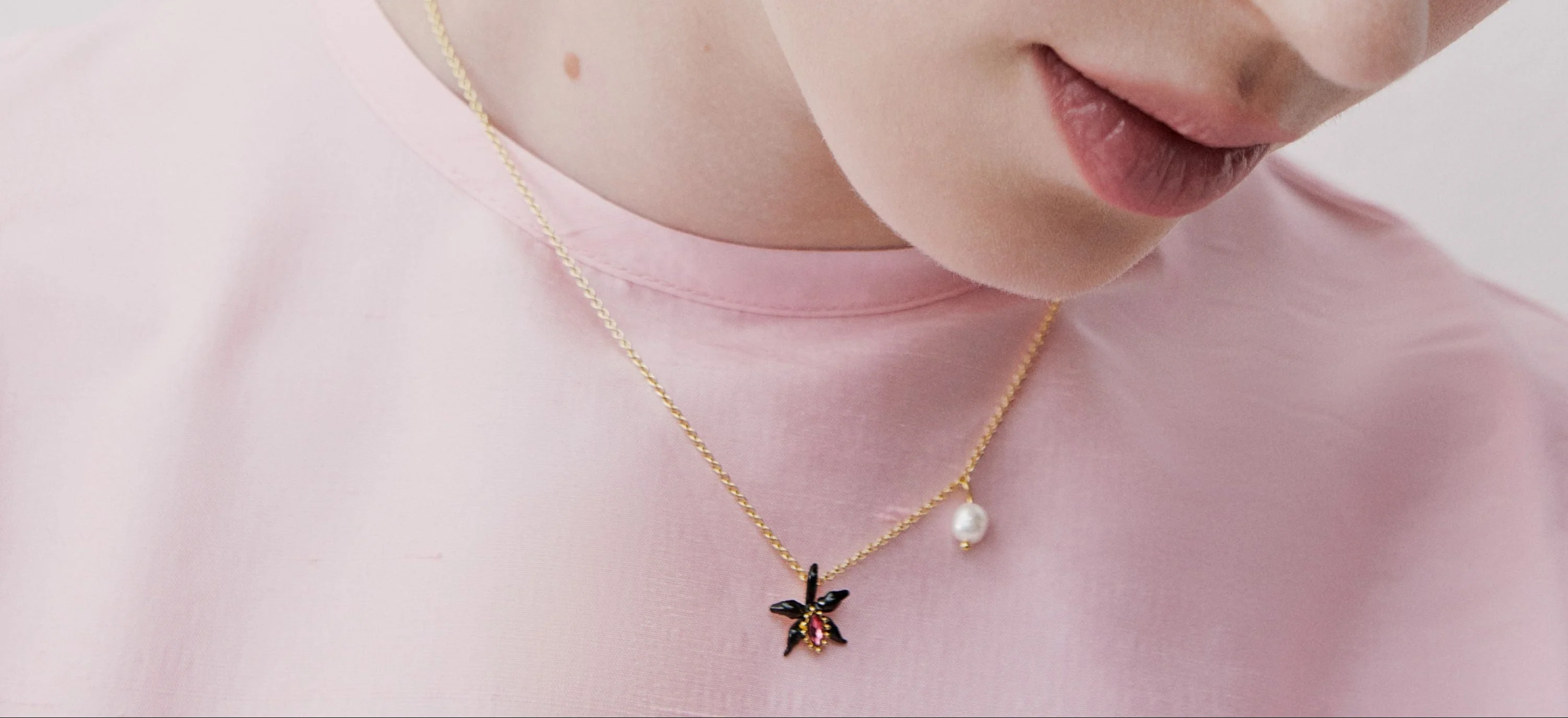 Fine Black Orchid Necklace with Pink Faceted Crystal and Cultured Pearl - Image 4
