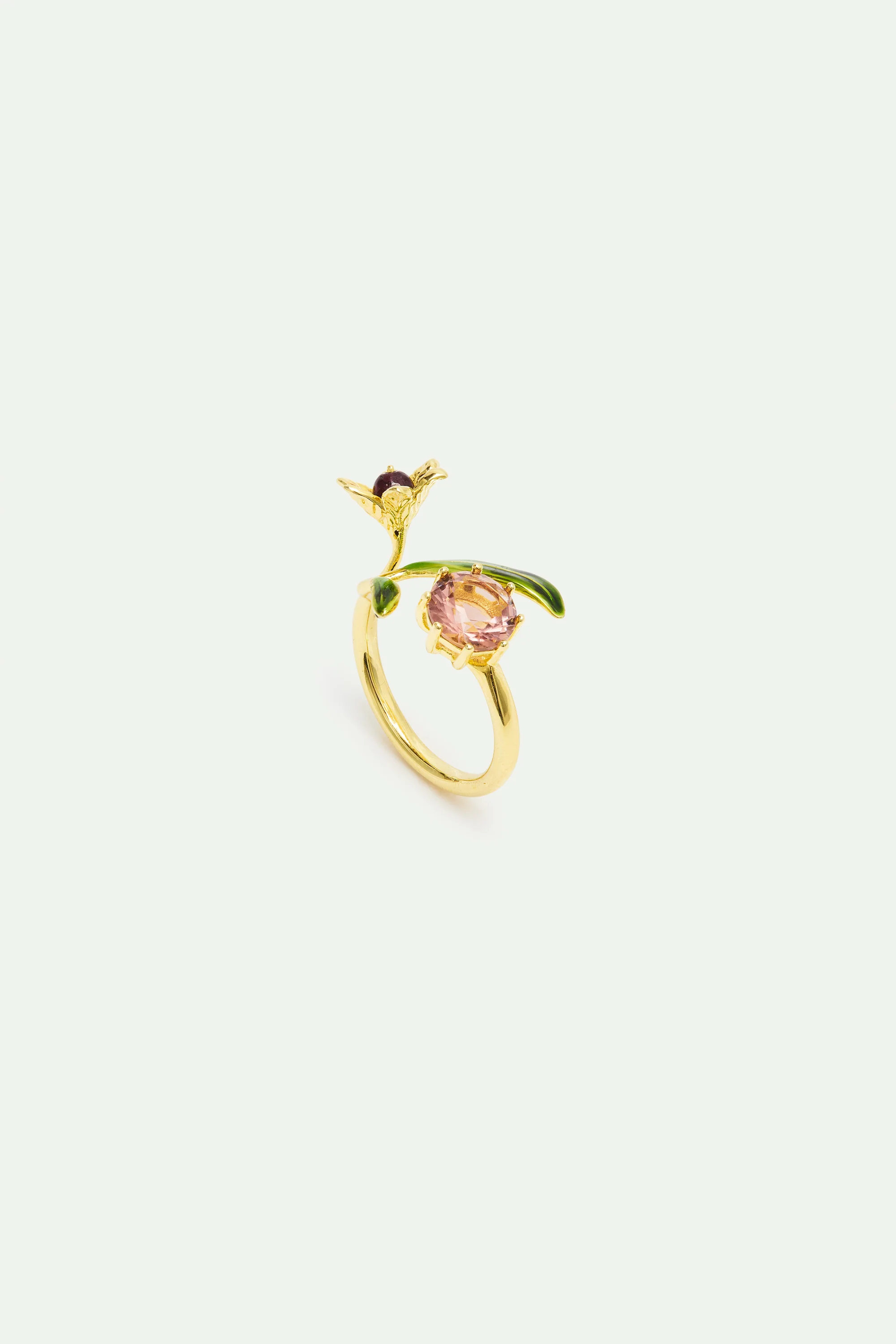 Gold Flower Adjustable Ring with Pearl and Round Pink Stone