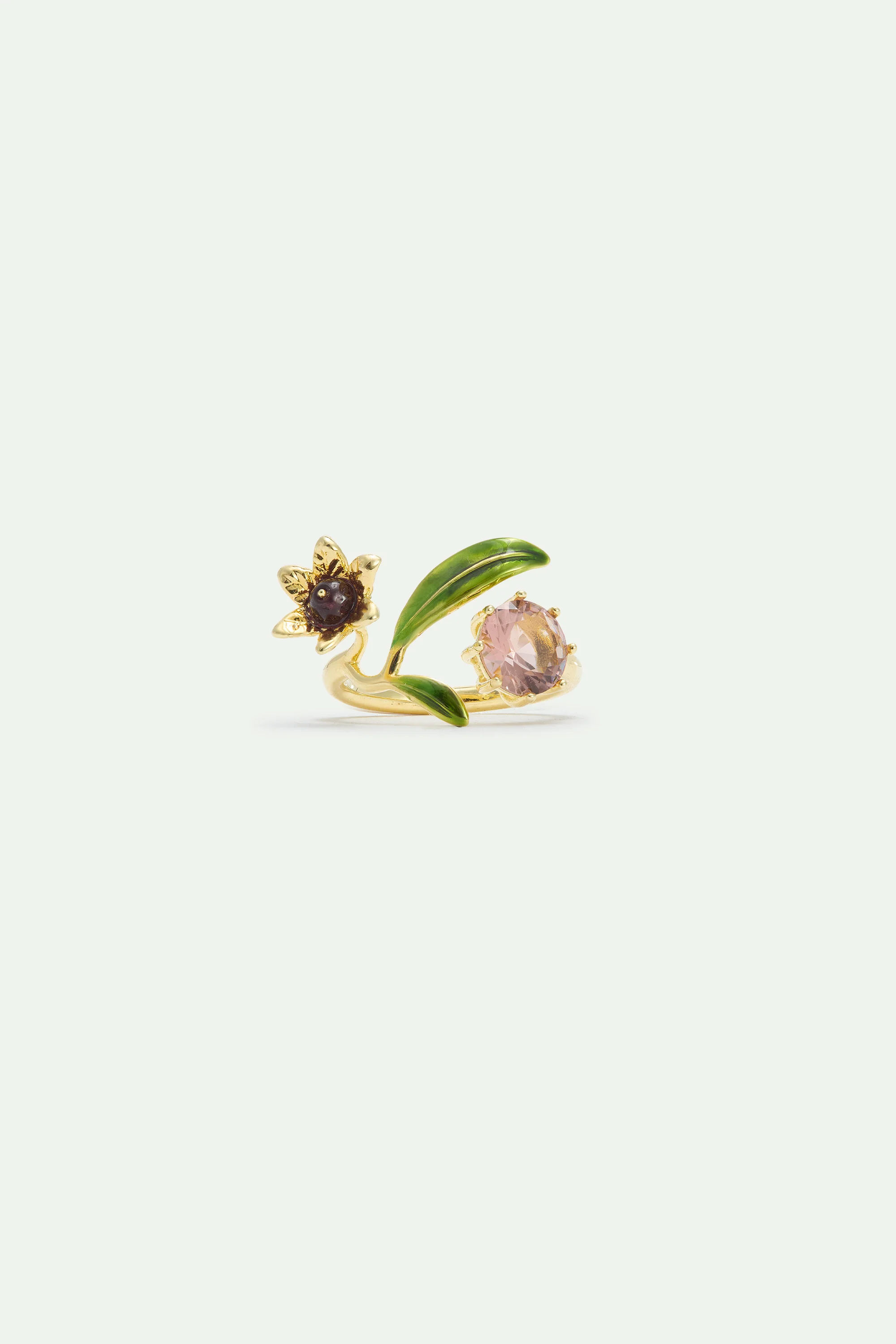 Gold Flower Adjustable Ring with Pearl and Round Pink Stone - Image 2