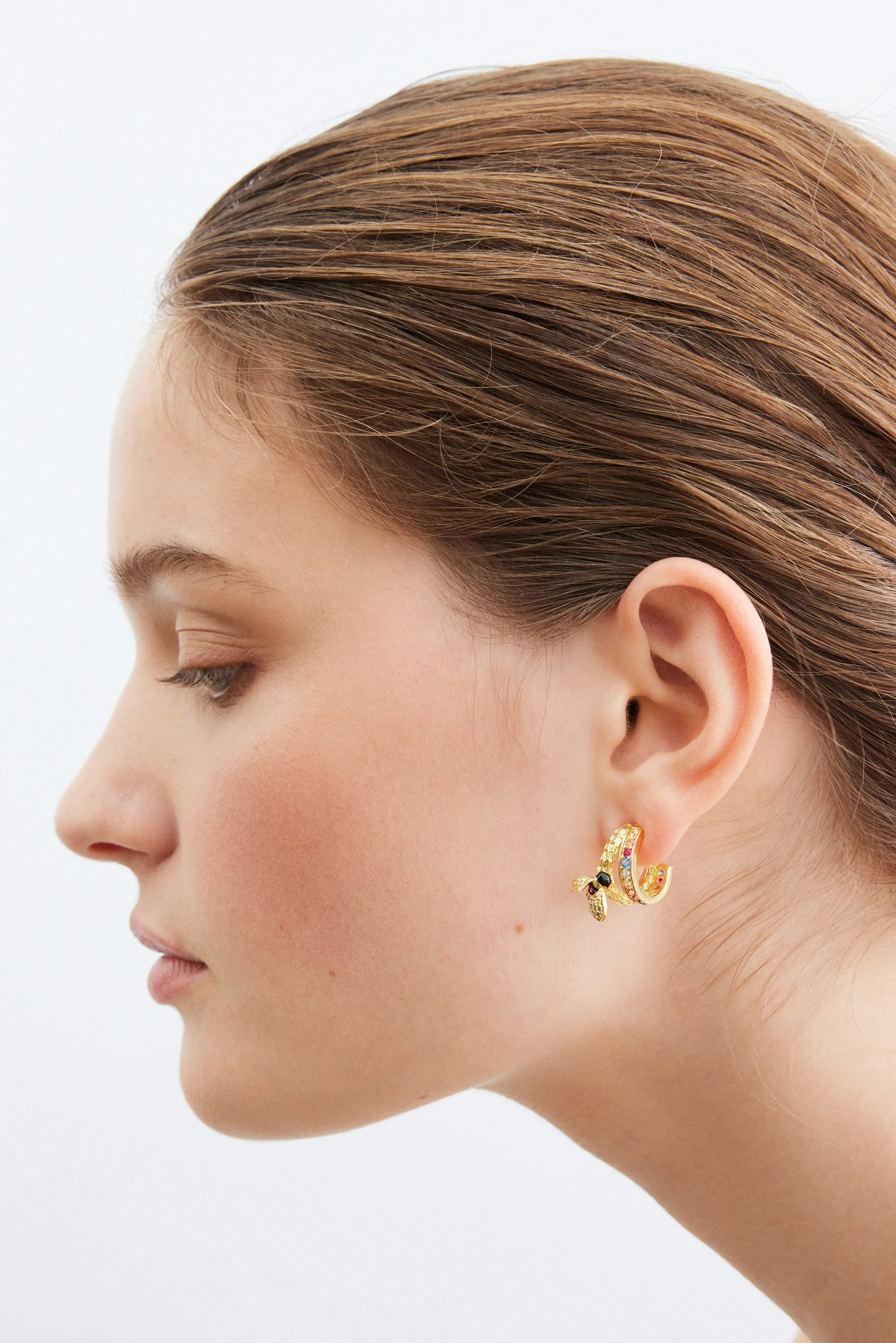 Gold Hoop Post Earrings with Bee and Multicoloured Stones - Image 3