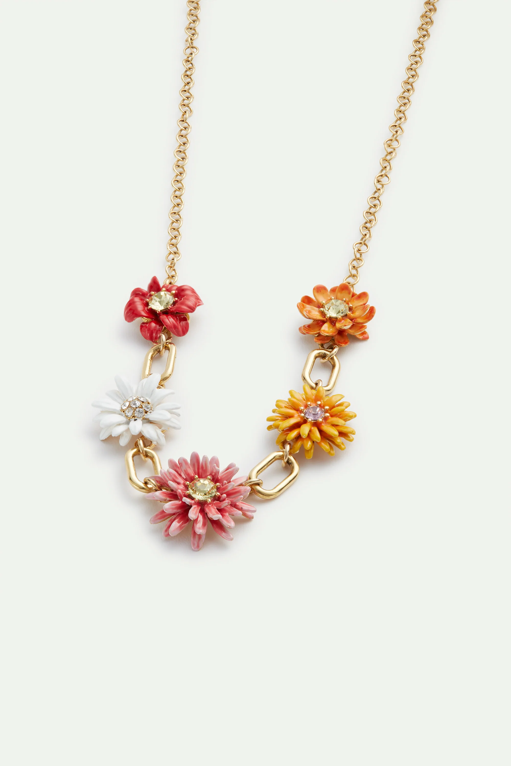 Gold Link Necklace with Daisy and Zinnia Flowers - Image 2