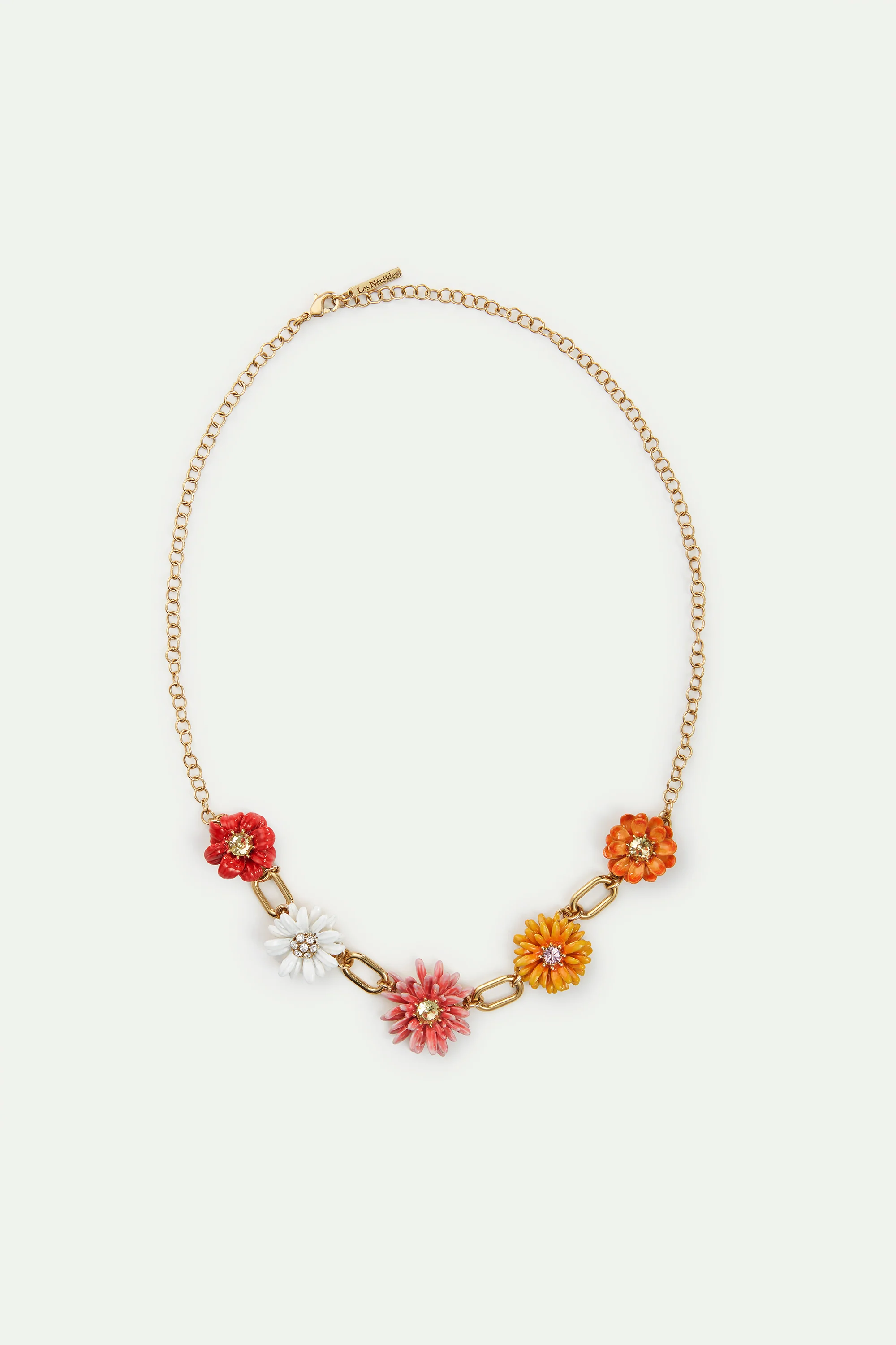 Gold Link Necklace with Daisy and Zinnia Flowers - Image 3