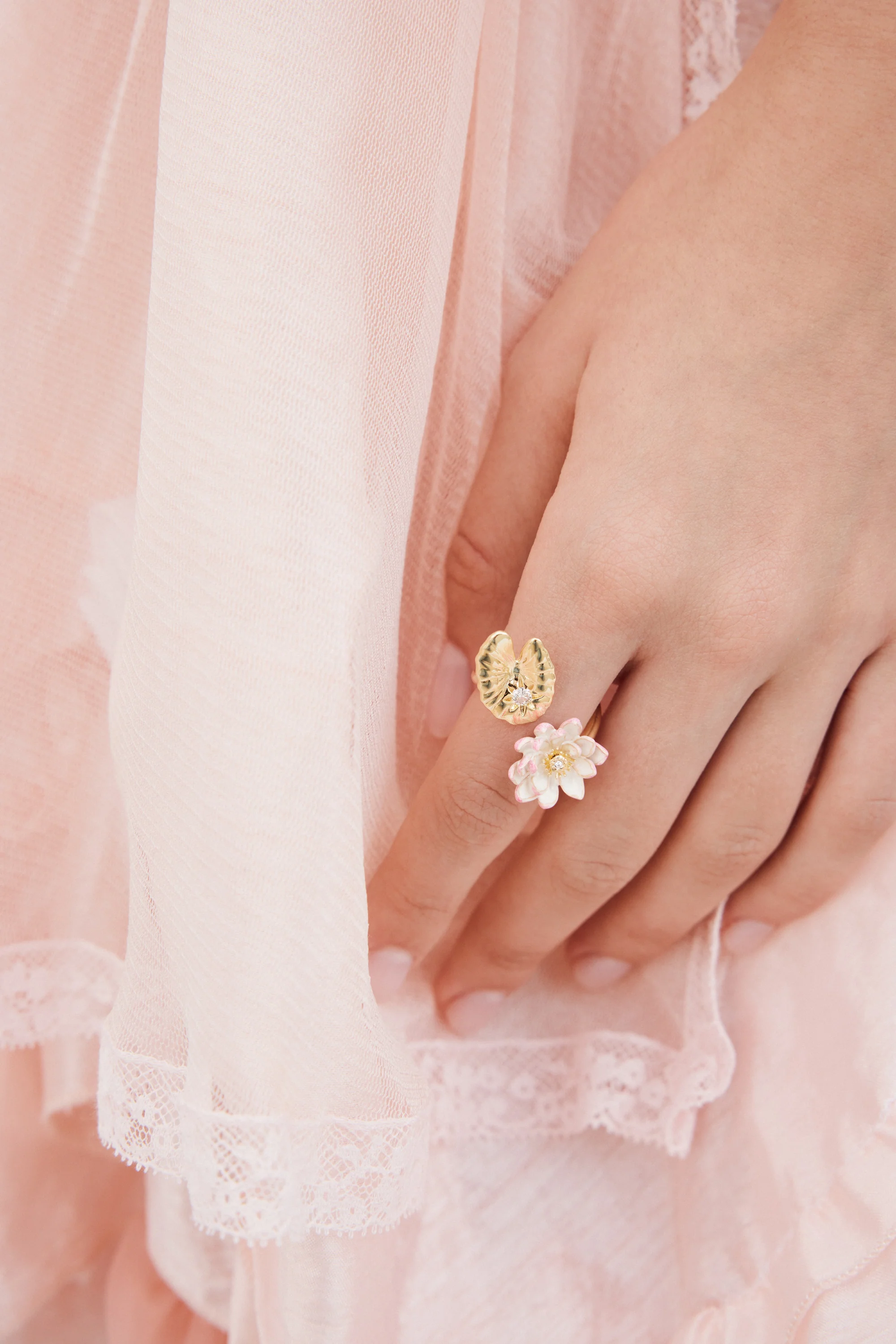 Gold Lotus and Pink Water Lily Adjustable Ring - Image 3