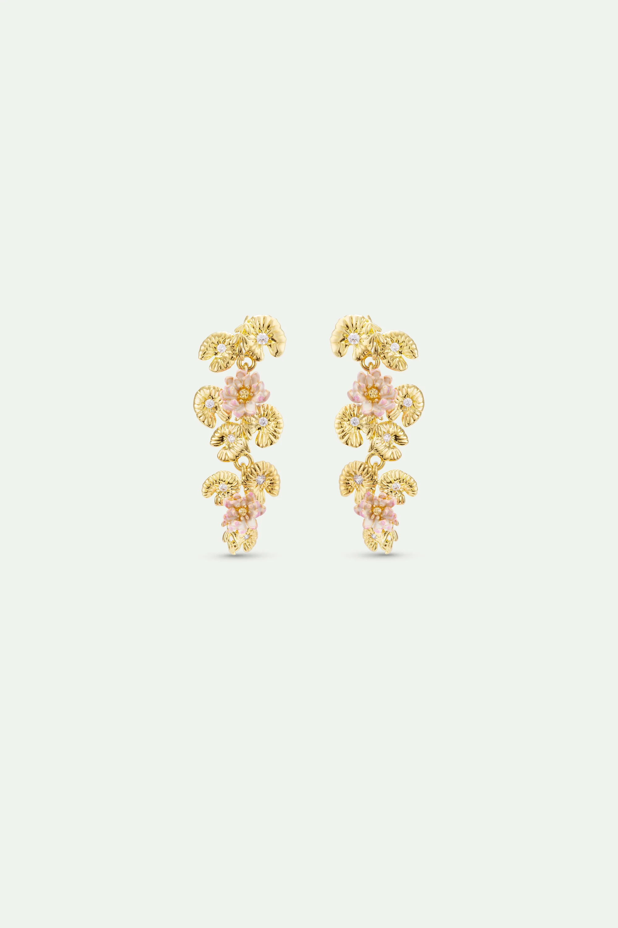 Gold Lotus and Pink Water Lily Clip Dangle Earrings