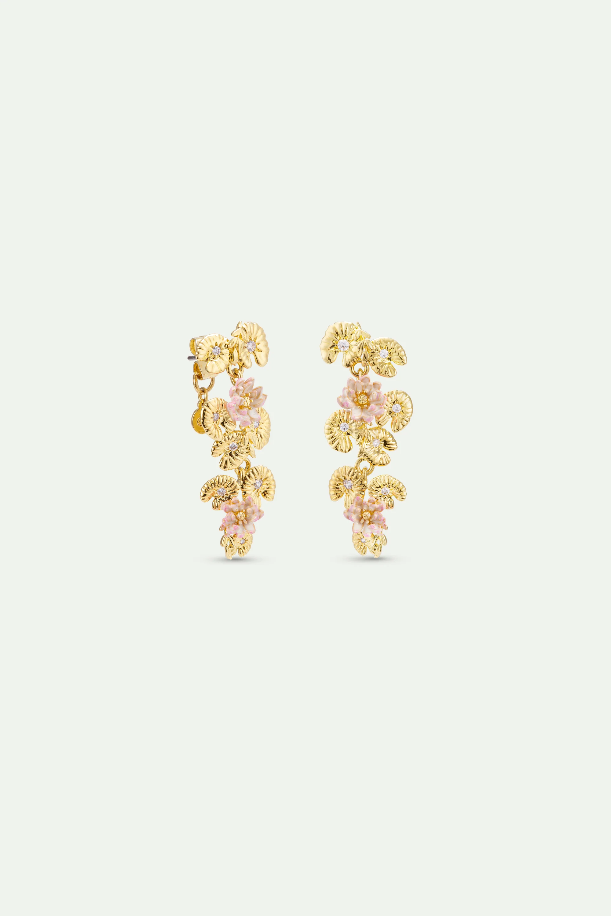 Gold Lotus and Pink Water Lily Post Dangle Earrings - Image 2