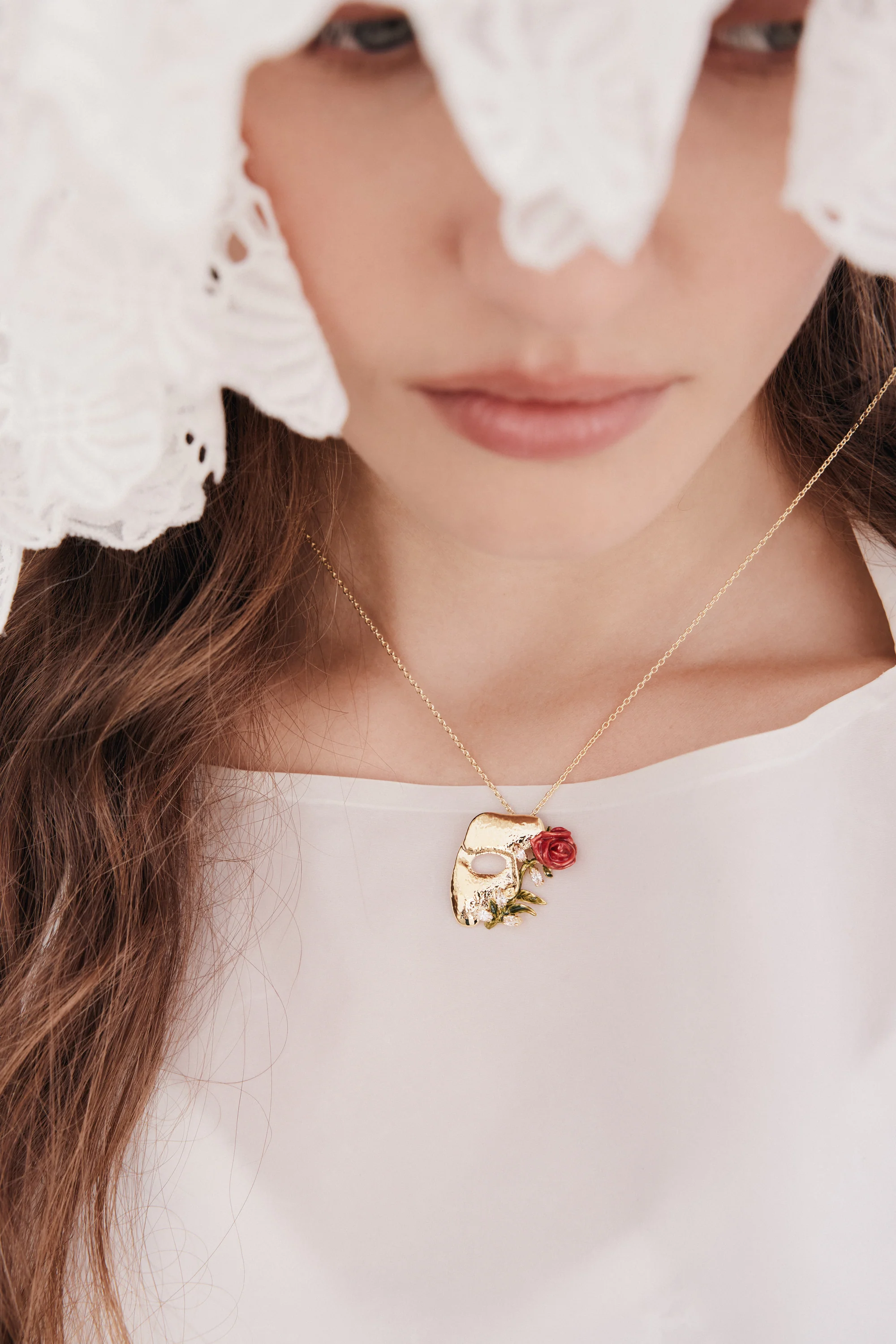 Gold Mask, Rose and Crystal Pendant Necklace - Image 2