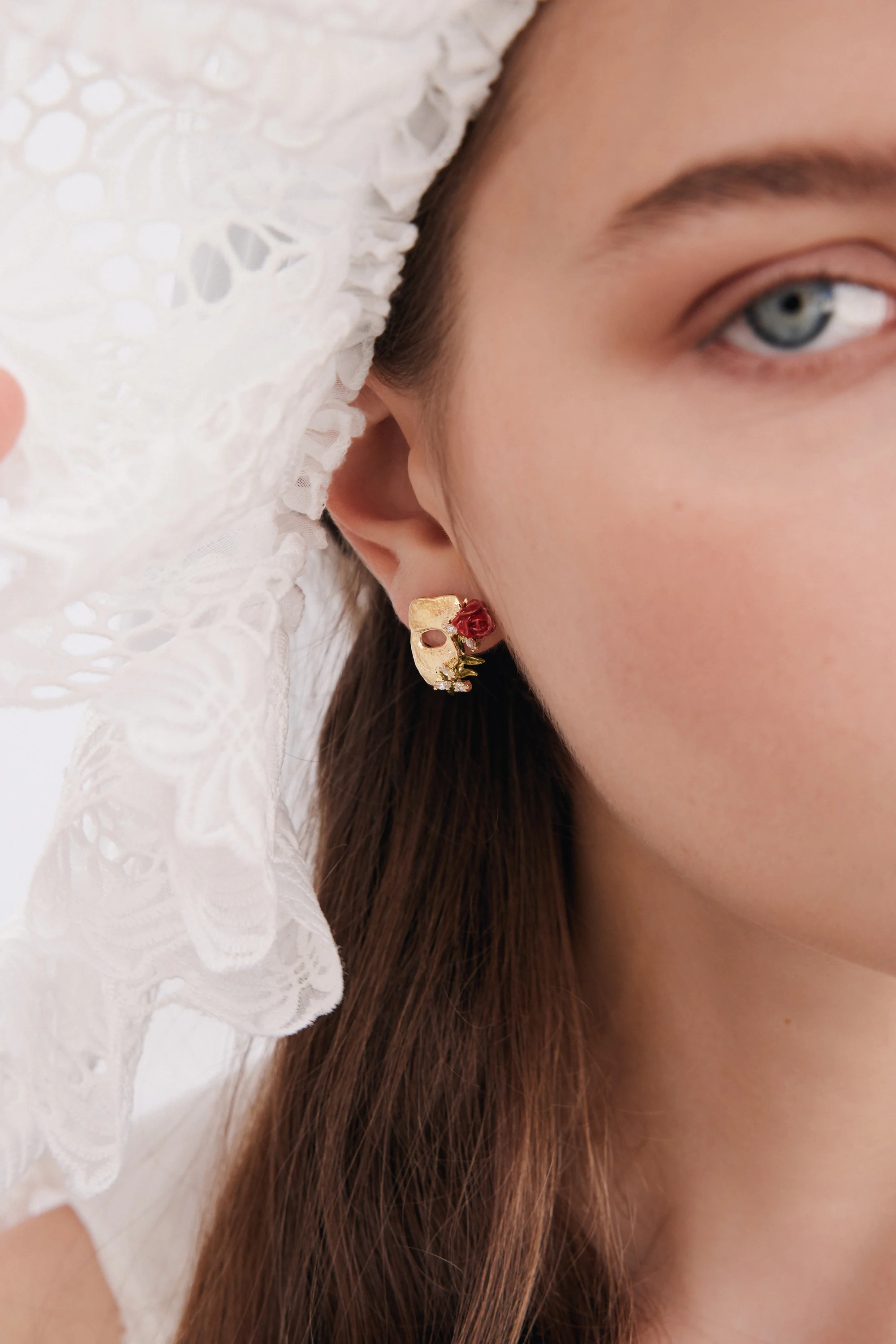 Gold Mask, Rose and Crystal Post Earrings - Image 3