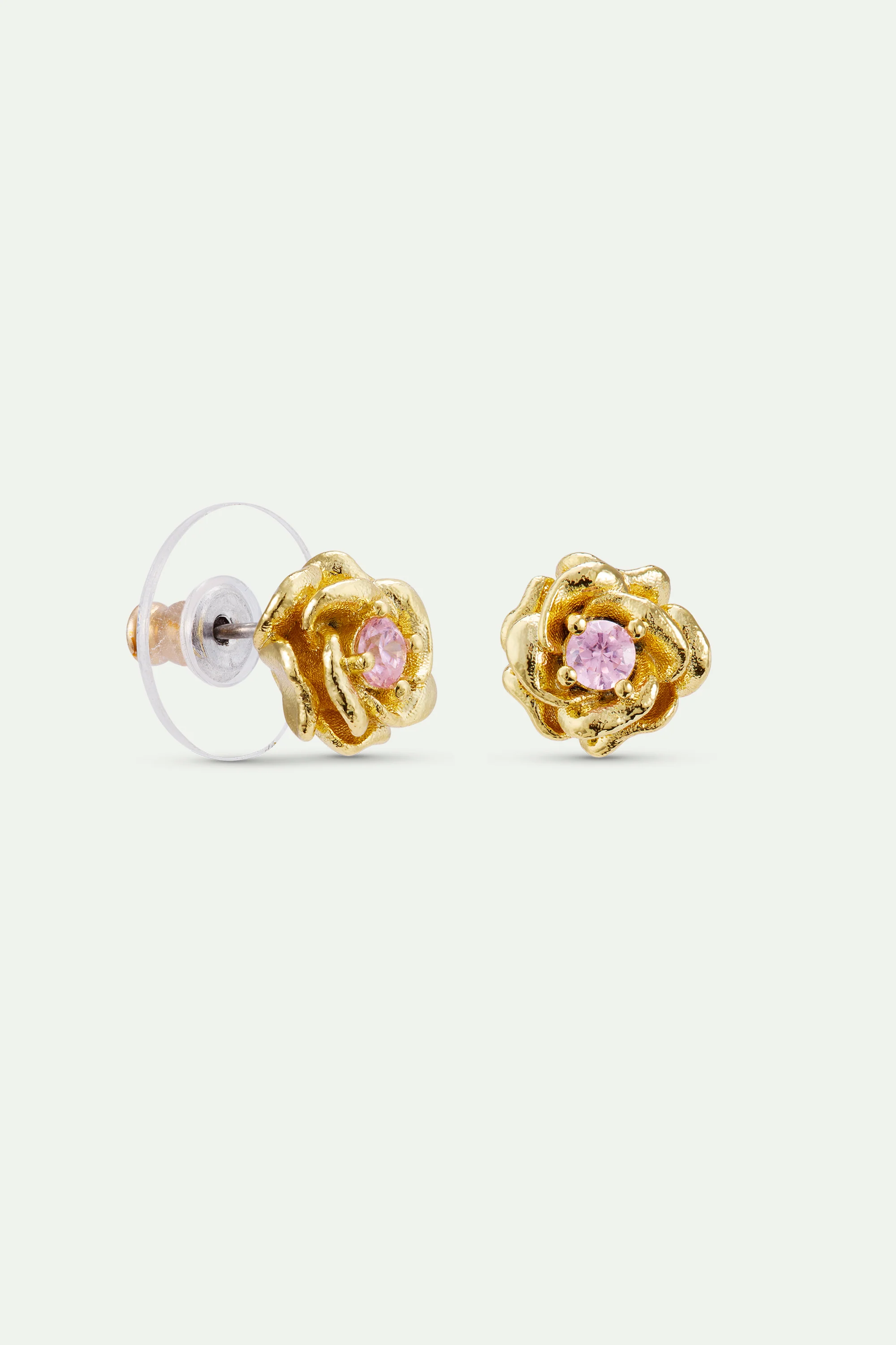 Gold Mona Lisa Rose and Pink Crystal Post Earrings - Image 2