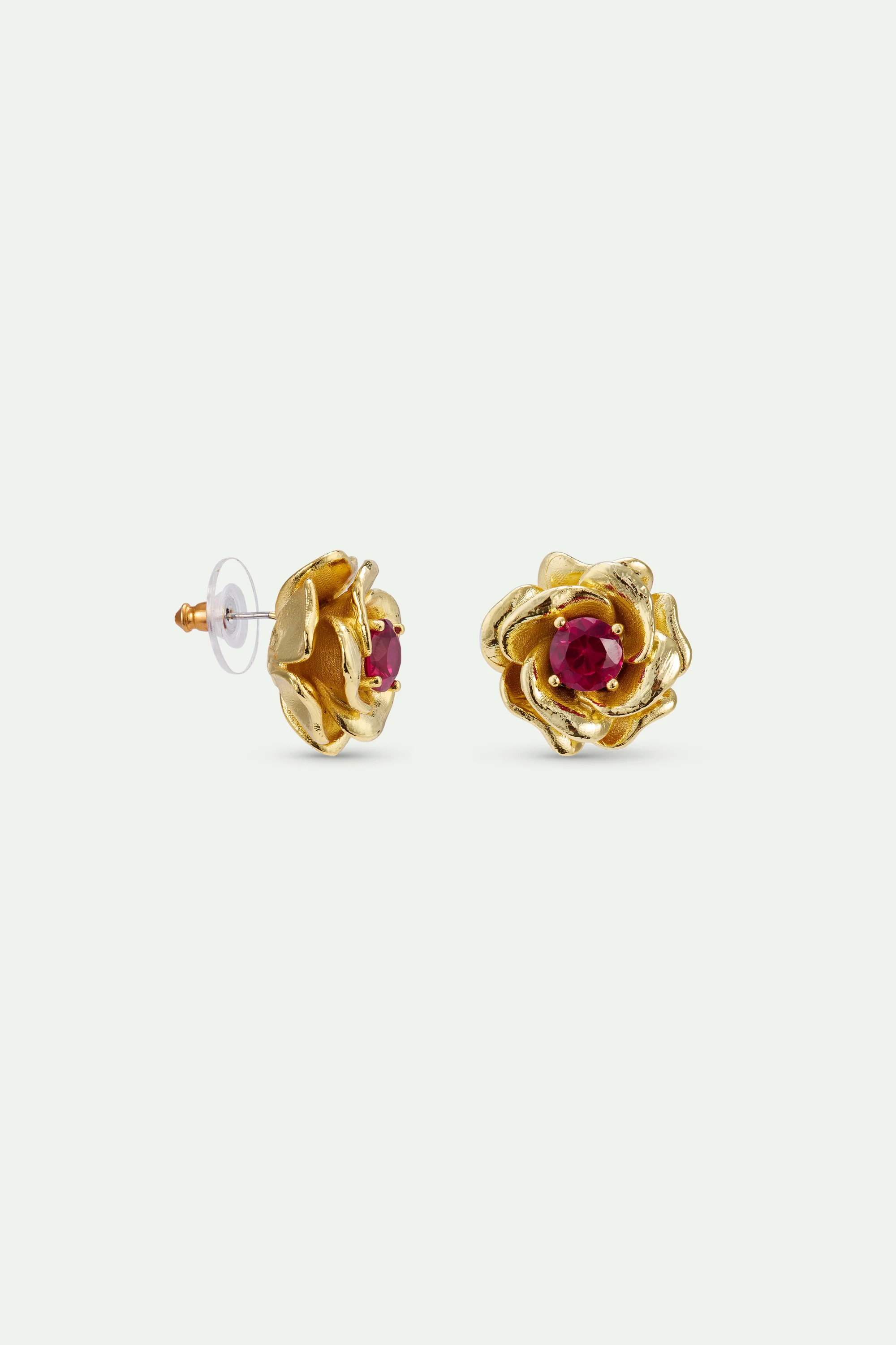 Gold Mona Lisa Roses and Pink Stone Post Earrings - Image 2