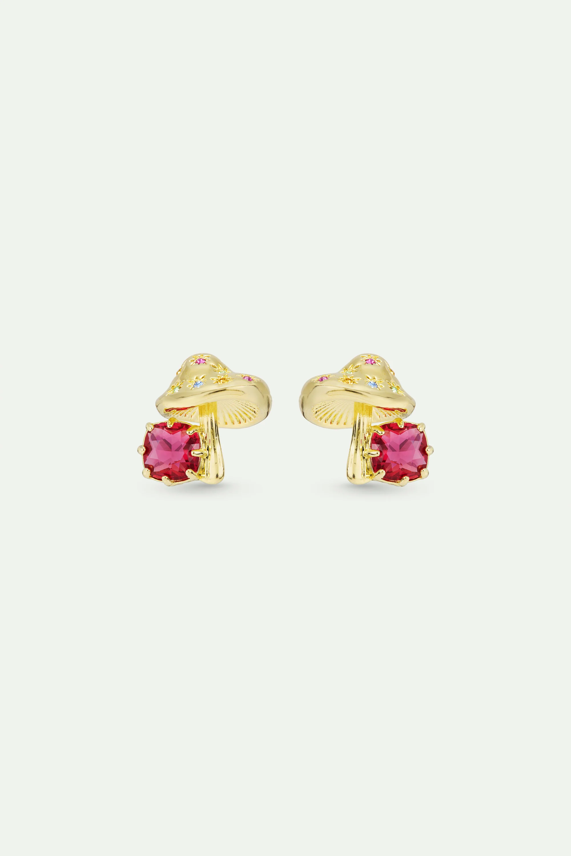 Gold Mushroom and Pink Faceted Stone Clip-On Earrings